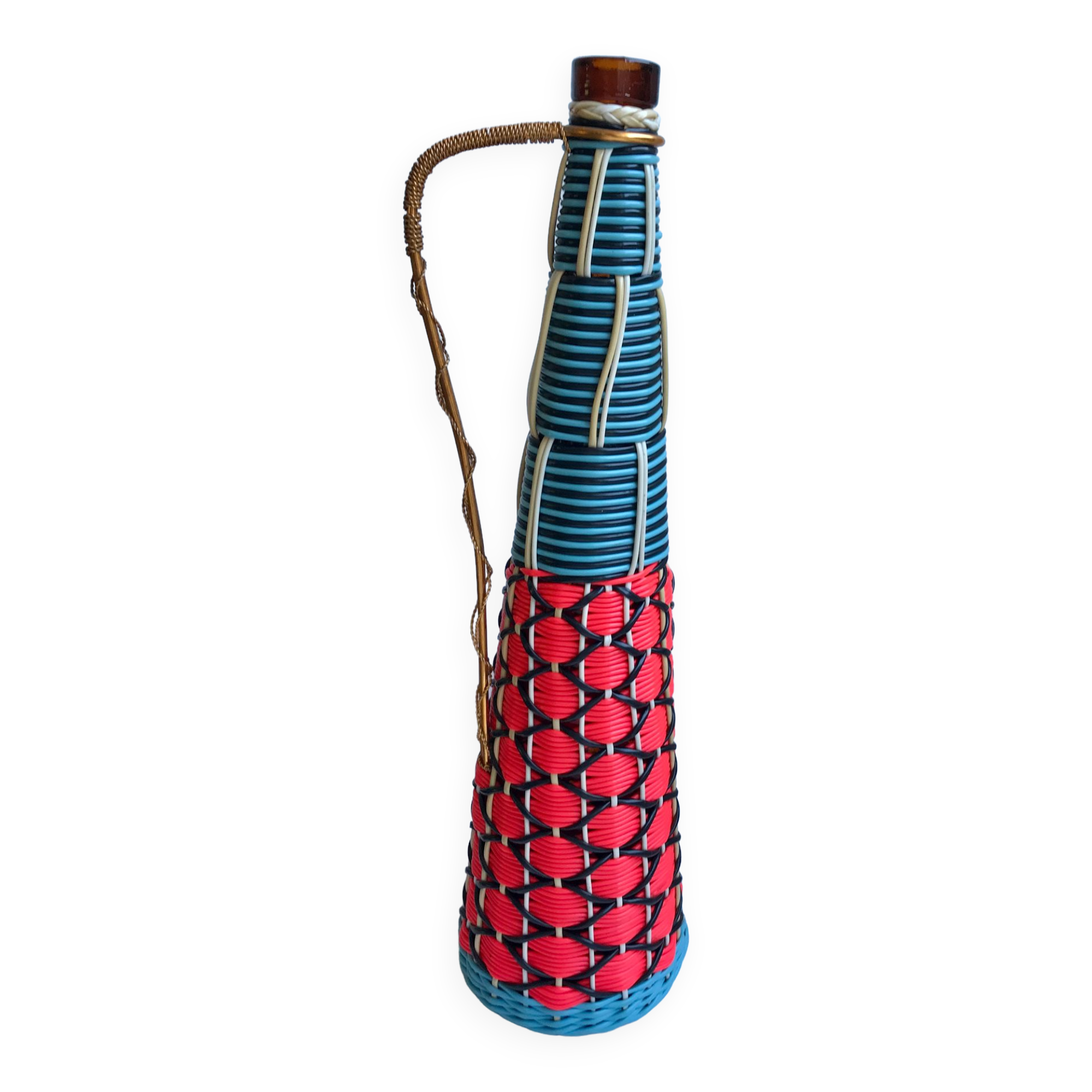 Scoubidou bottle with orange and blue and yellow brass handle 70s