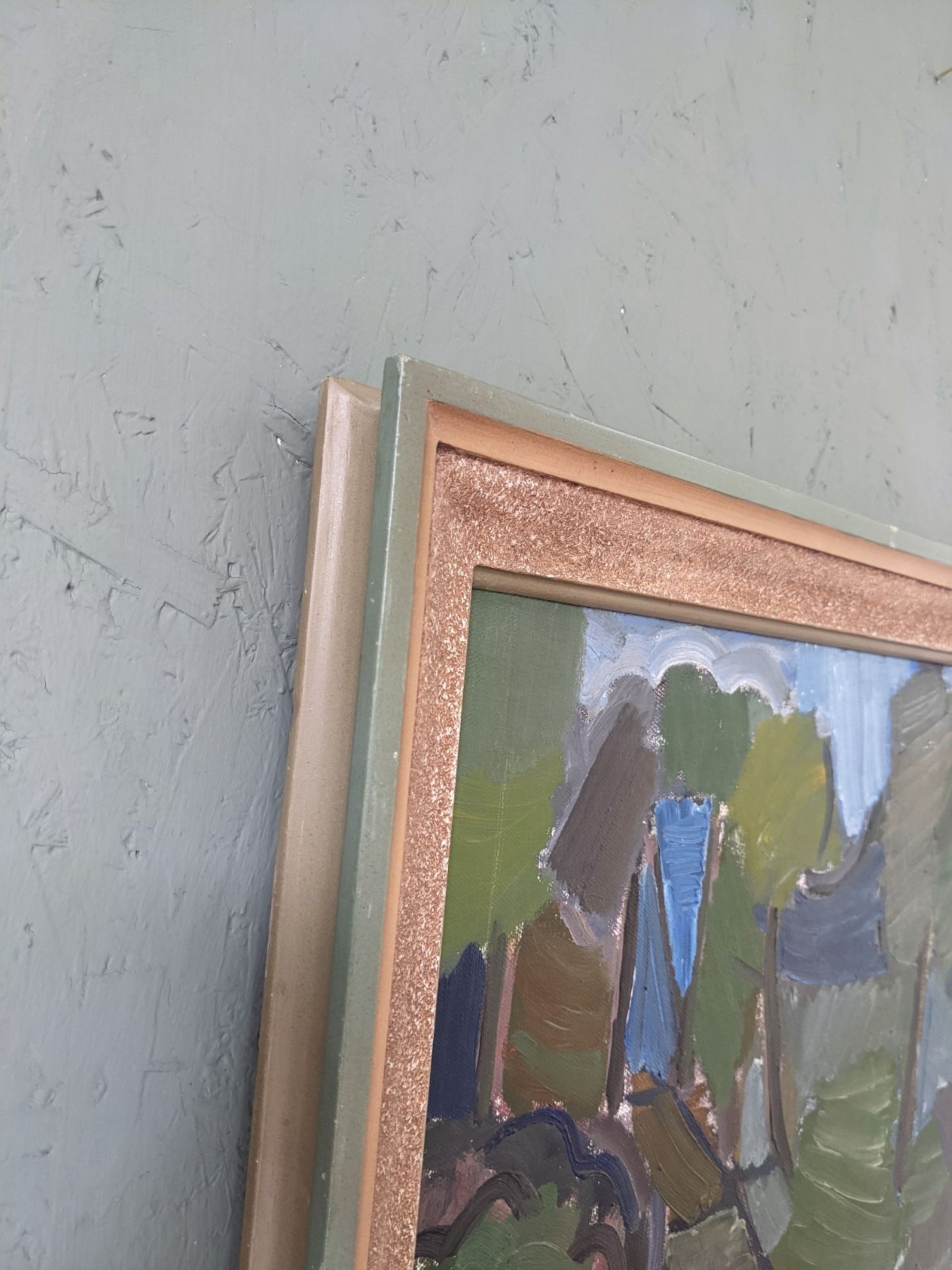 Mid-Century Modern Swedish Oil Painting "Green Park" Vintage Framed Landscape