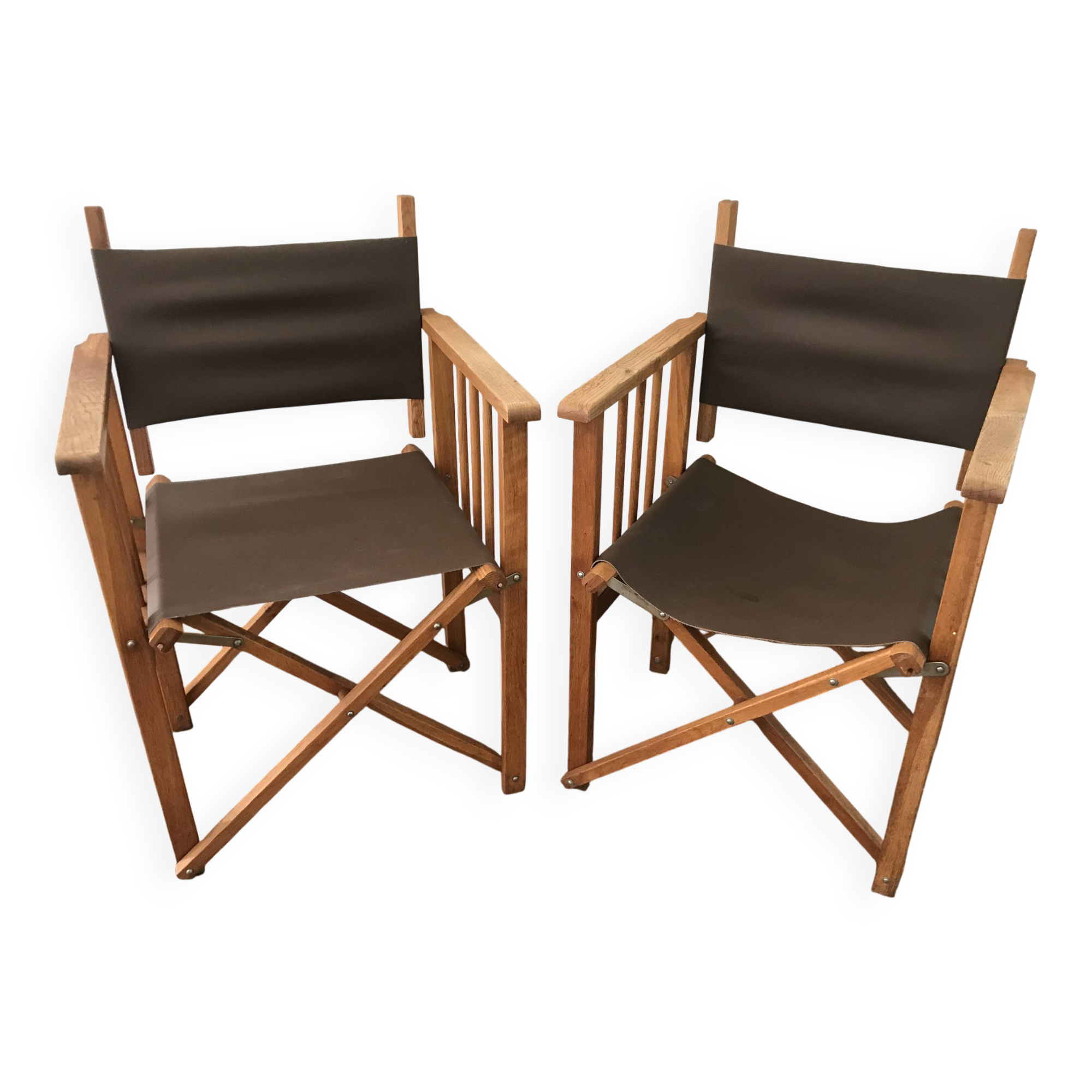 pair of Safari armchairs in wood and leather