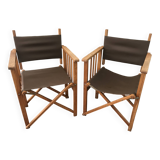 pair of Safari armchairs in wood and leather