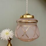 Vintage art deco globe pendant lamp in pink and gold glass