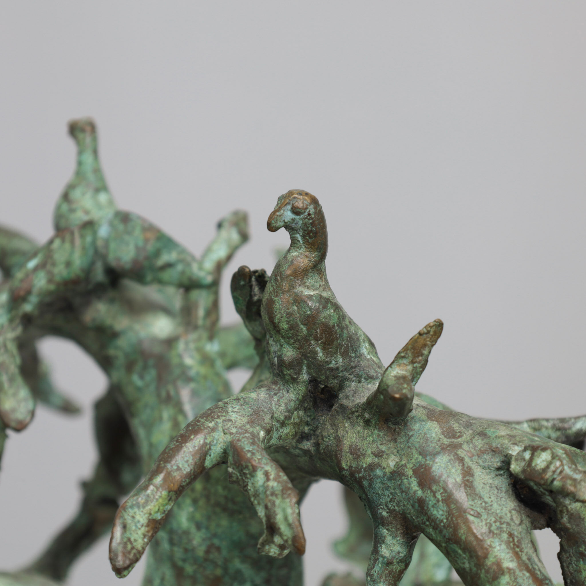 Patinated bronze baobab tree sculpture with birds, signed TM, 1980s
