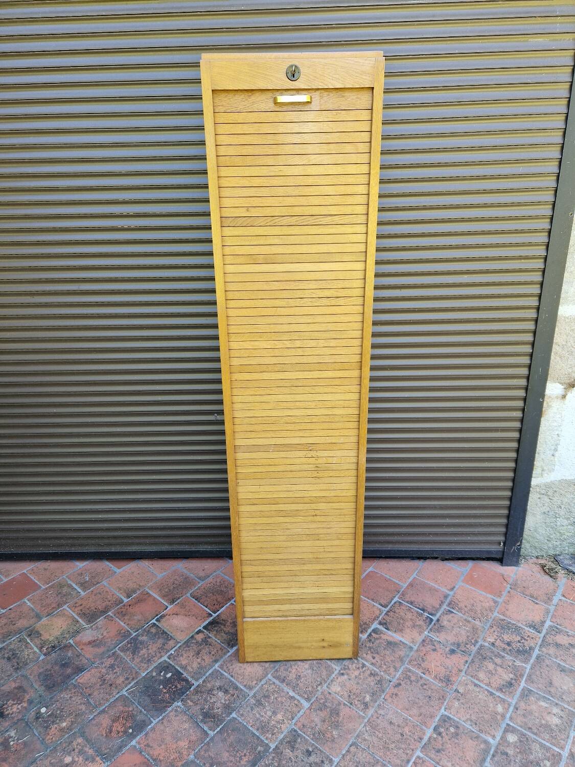 Large vintage 70s wooden curtain filing cabinet