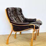 Scandinavian leather and teak bench 1960