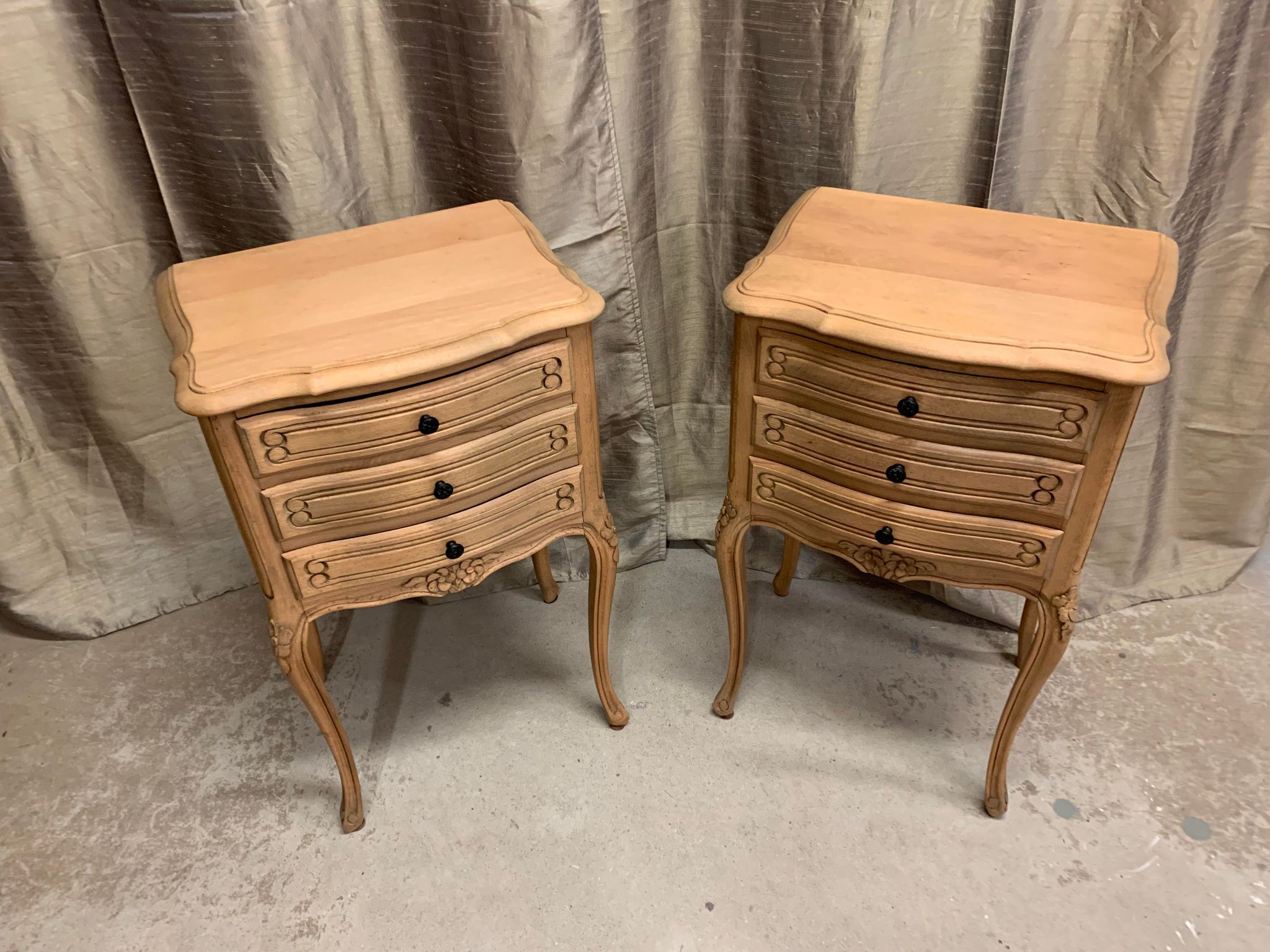 Pair of Louis XV style bedside tables with raw wood appearance