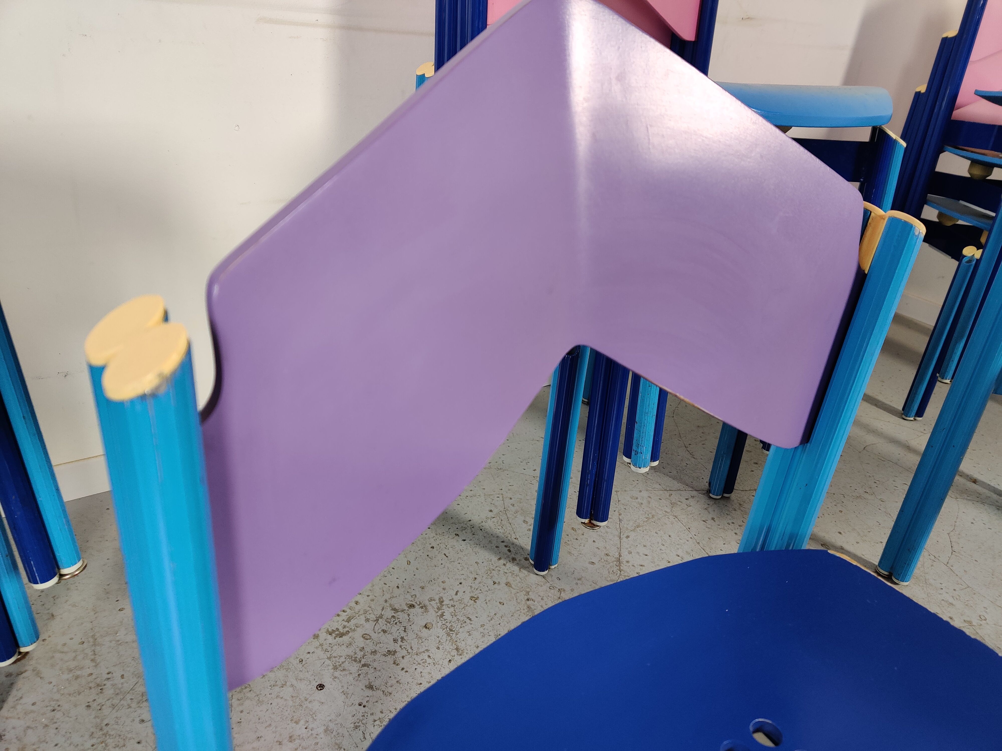 12 multicolored chairs wood and metal, 80s