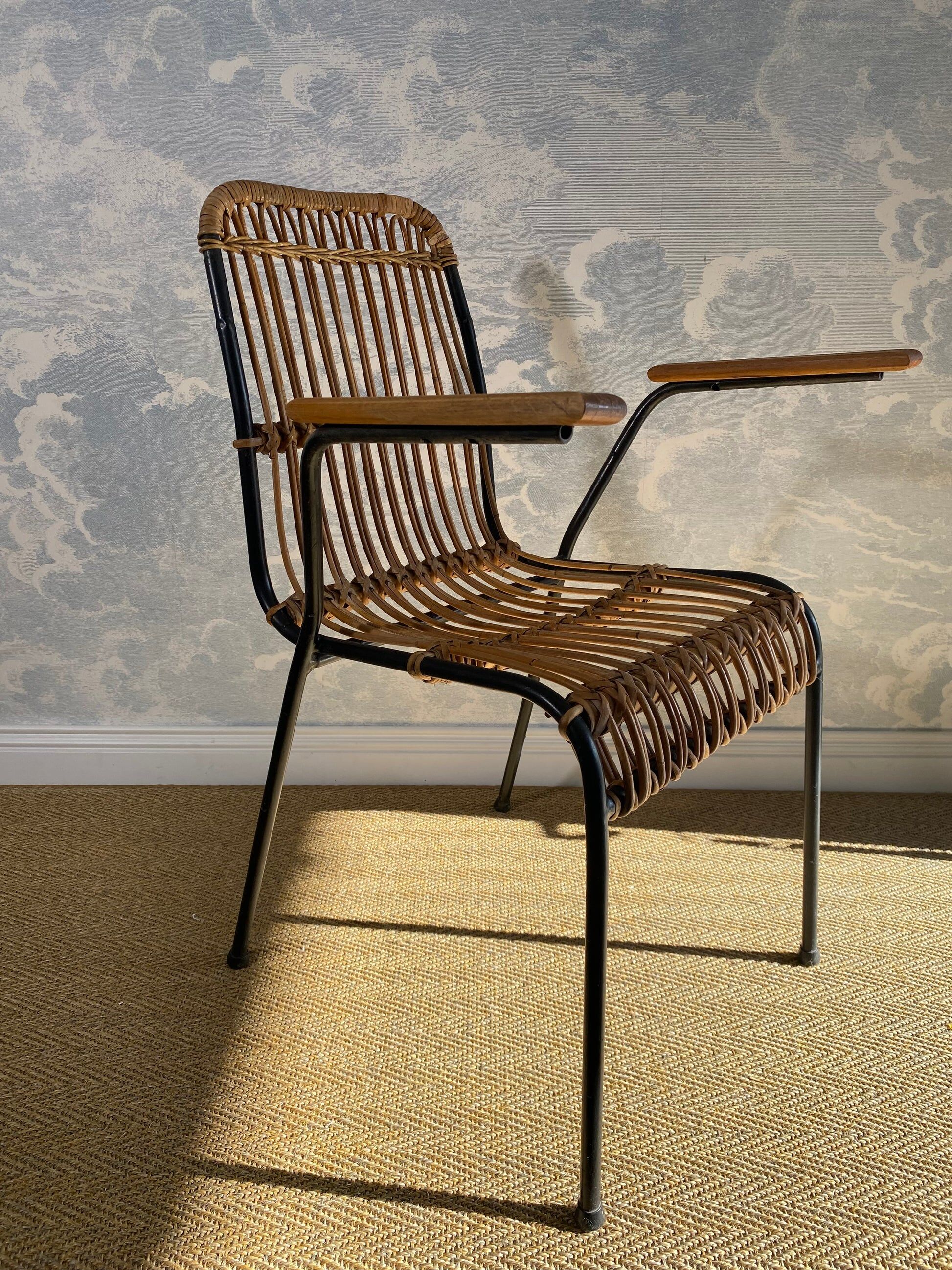 Set of 4 vintage rattan and bamboo chairs by Schumacher, Belgium 1950s.