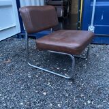 Vintage low cantilever armchair – Brown faux leather & tubular frame