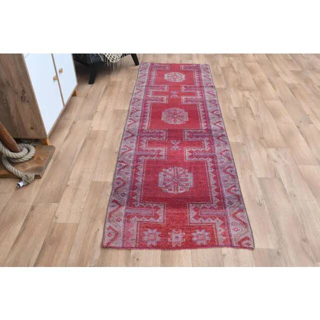 Vintage 1970s Turkish Oushak Handmade Pink Red Wool Wool Runner 89X265