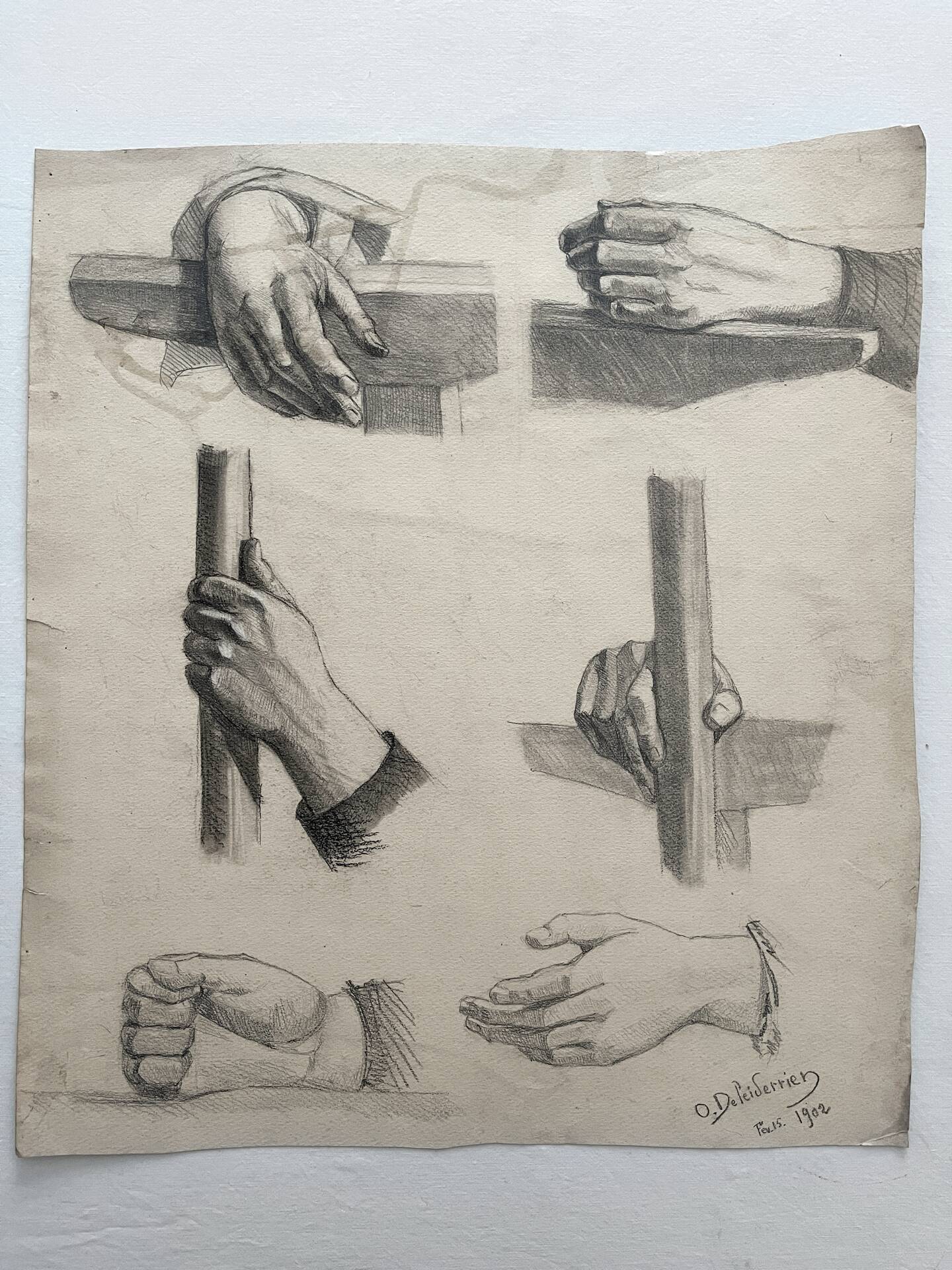 Dessin académique ancien, étude de mains Deleiderrier 1902