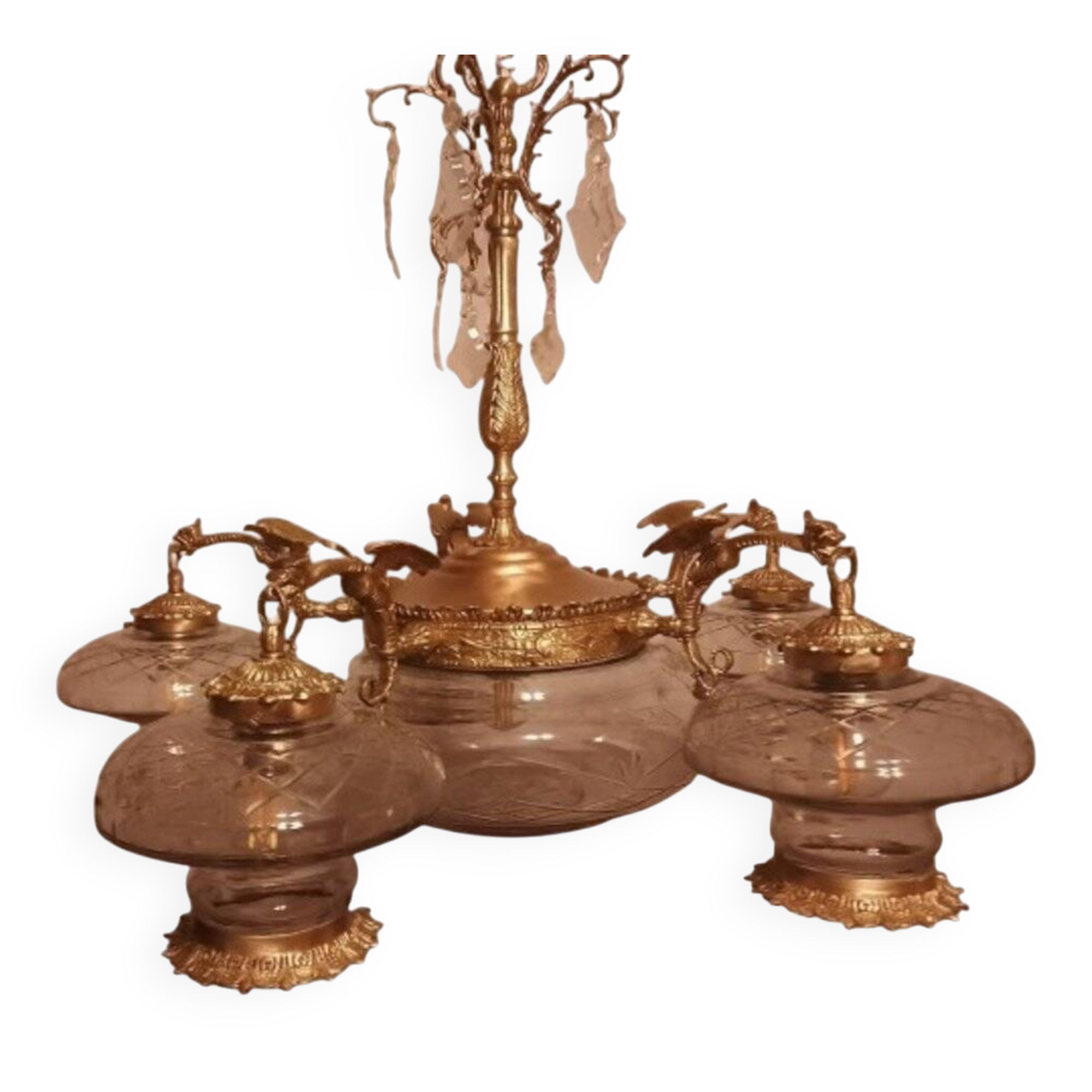 Large Gothic brass chandelier with 6 lights, 1940s.