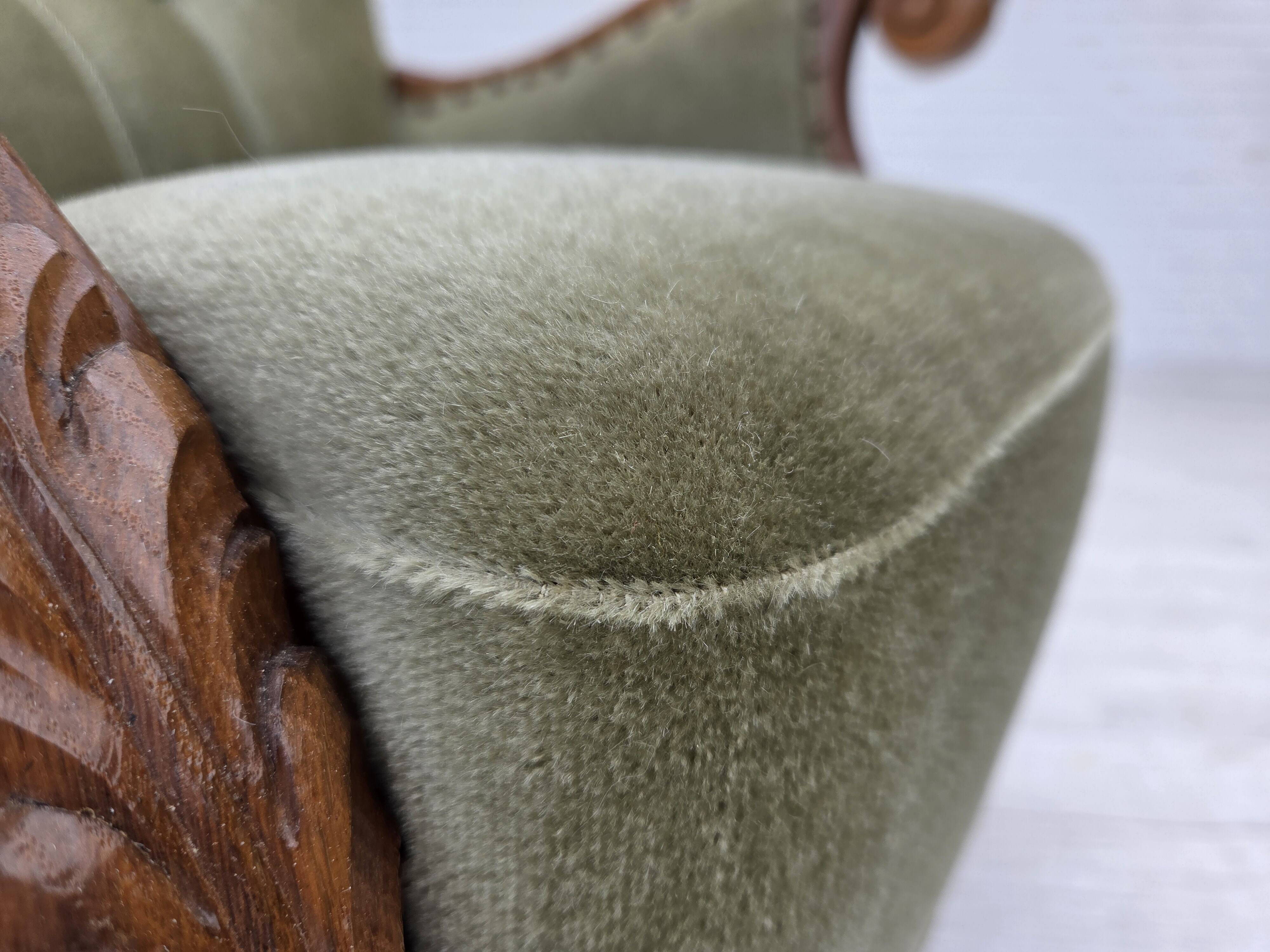 1960s, Danish armchair, green furniture velour, carved oak wood.