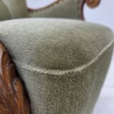 1960s, Danish armchair, green furniture velour, carved oak wood.