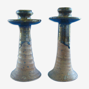 Pair of corsican sandstone candlesticks varnished Truchon Oletta stamped