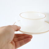 Set of 4 cups and under cups Arcopal harlequin range, white and gold, made in France
