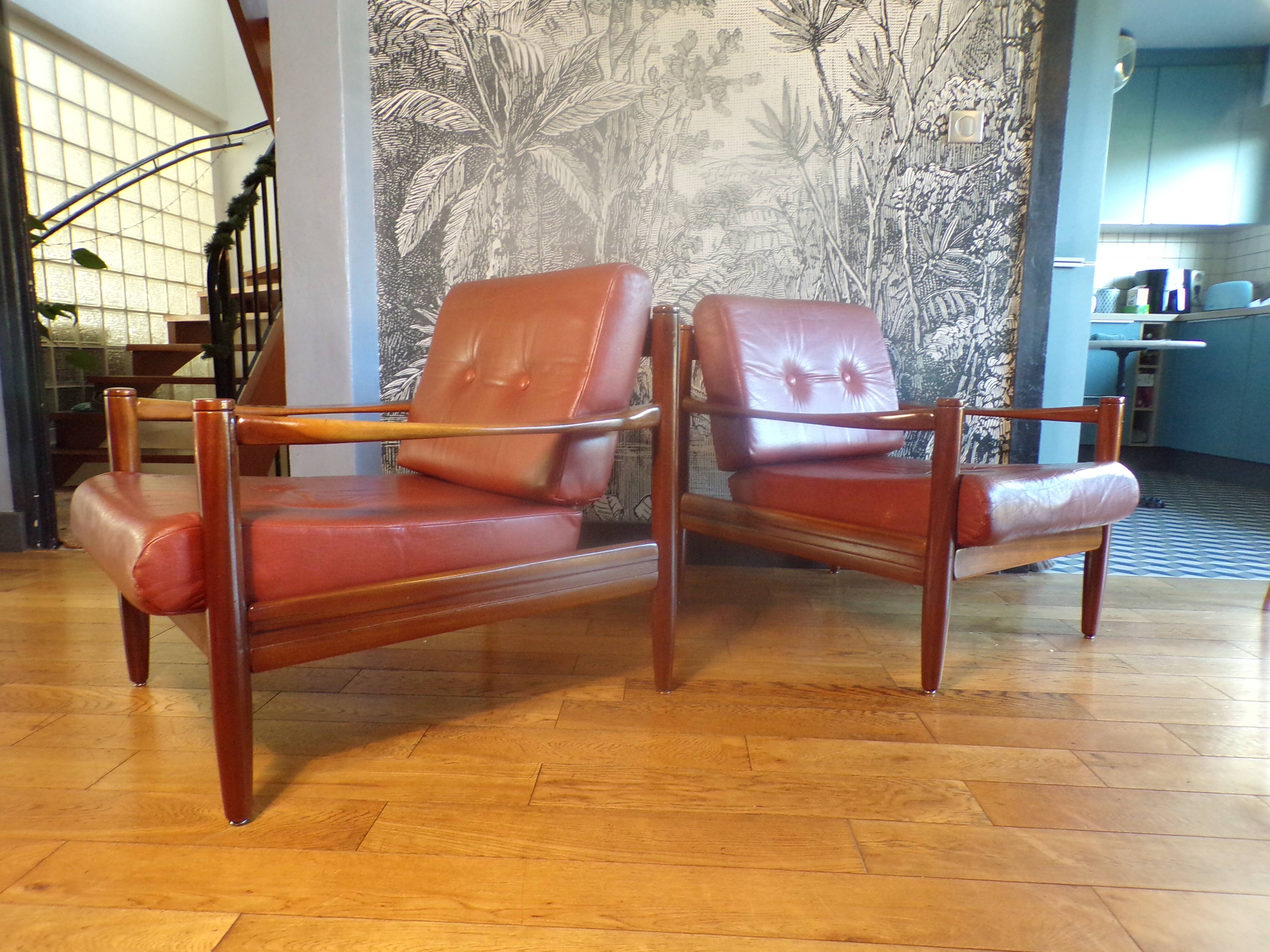 Pair of Scandinavian teak and leather armchairs