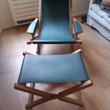 Chaise longue pliante et repose-pied en chêne et cuir Emile Duvivier