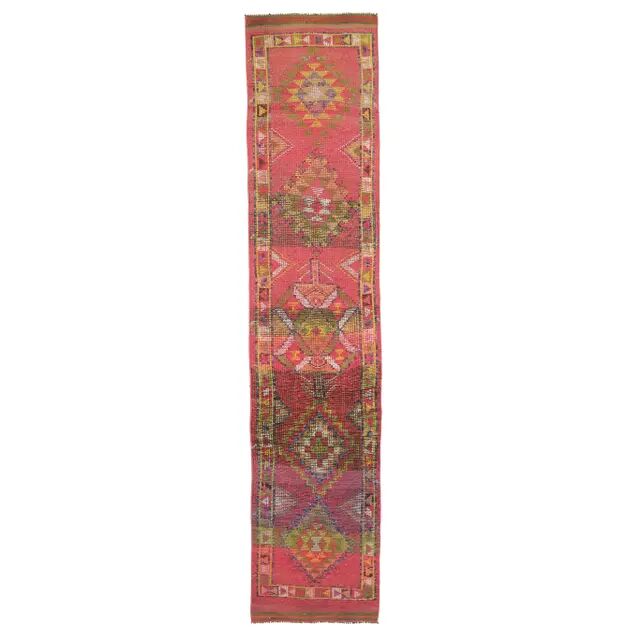 1970s Turkish Hand-Knotted Wool Cotton Pink Runner 79x371