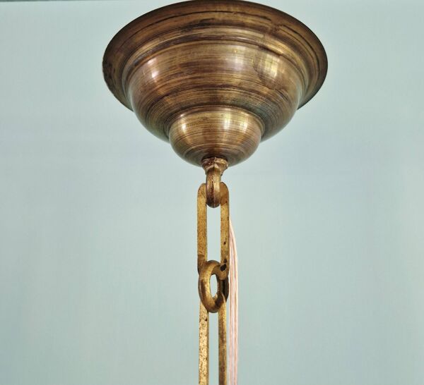 Grande suspension Holophane en verre rainuré transparent, 1920-30