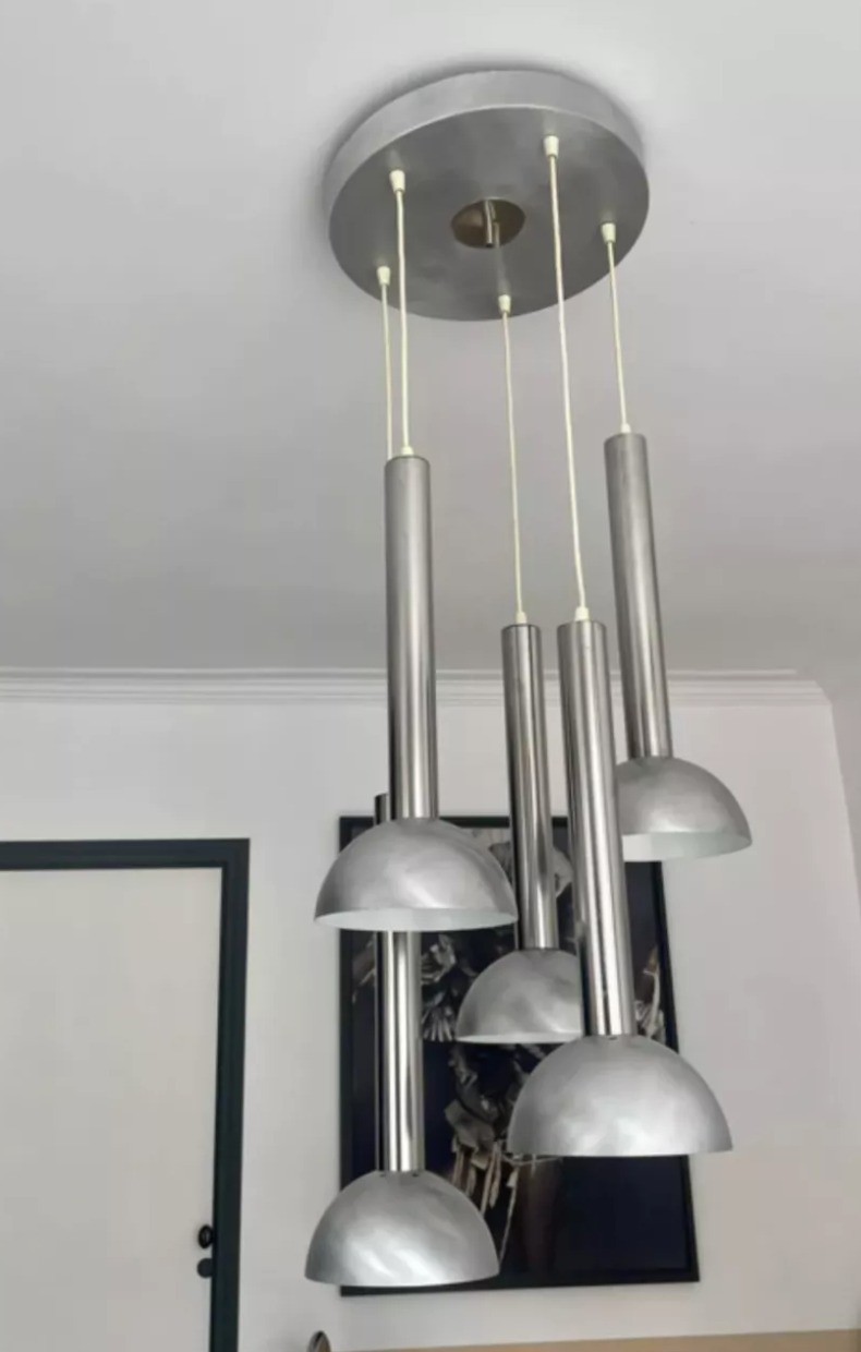 Vintage pendant lamp, chromed and brushed metal, France 1970