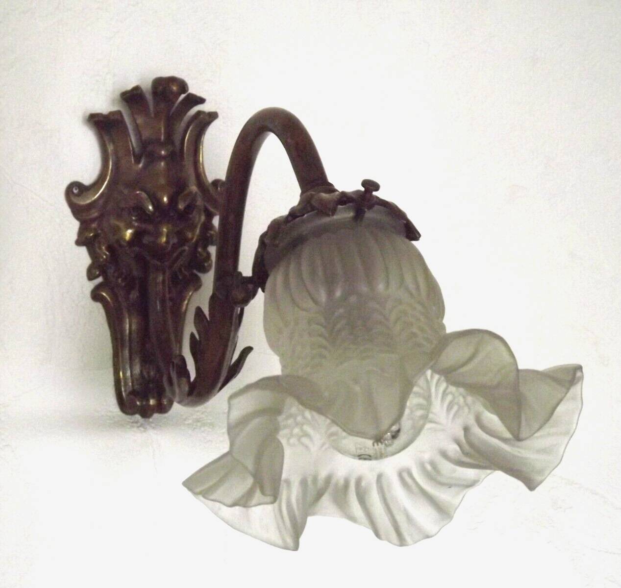 Pair French Antique Brass Greenman Single Wall Lights White Frilled Shade 4572