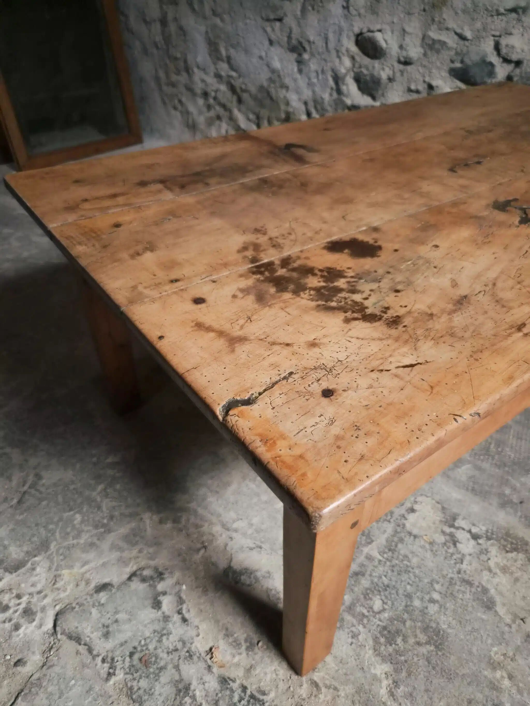 Antique cherry coffee table, rustic farmhouse table with drawer, circa 1750–1800.