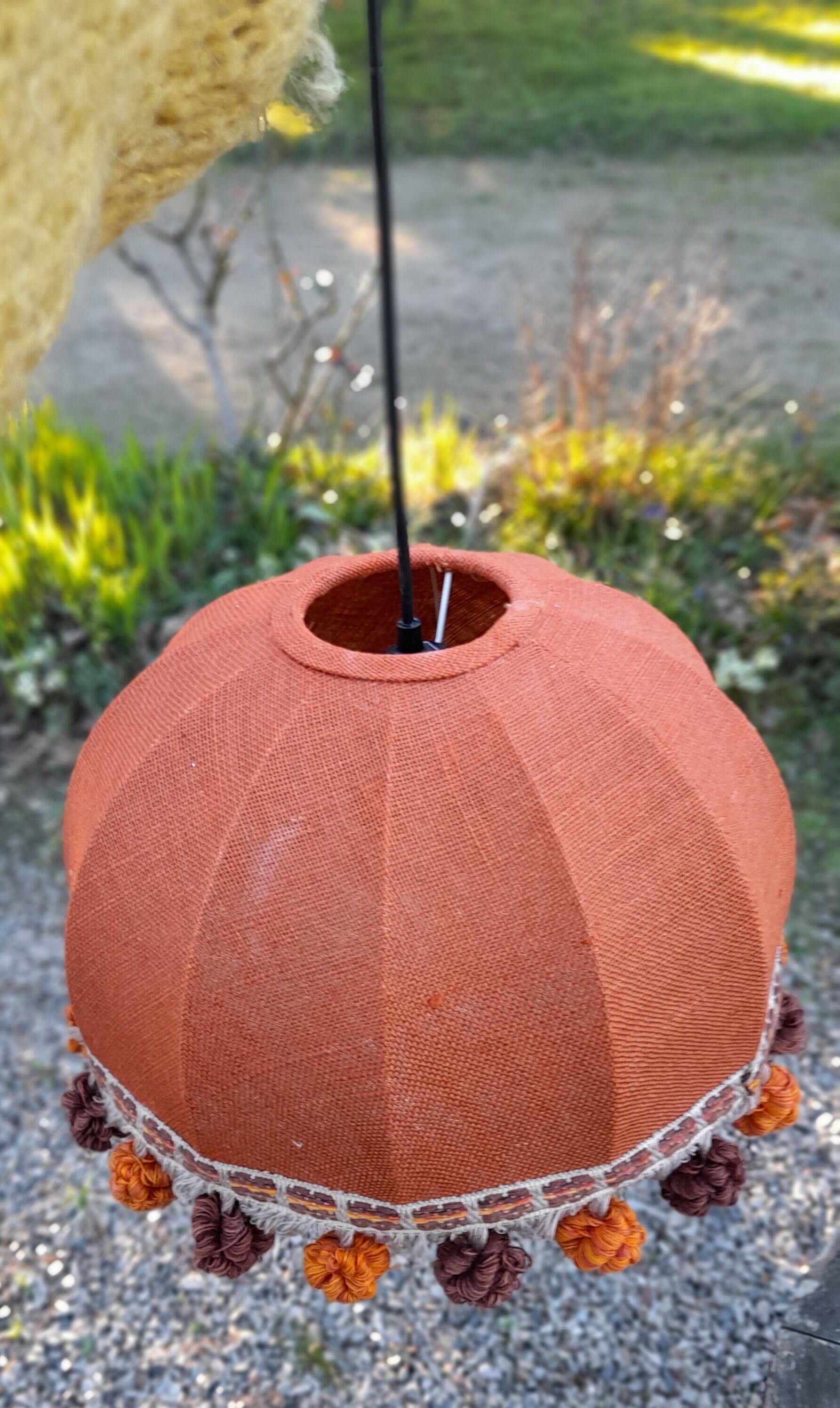 Suspension lampshade dome orange jute, brown pompoms, seventies