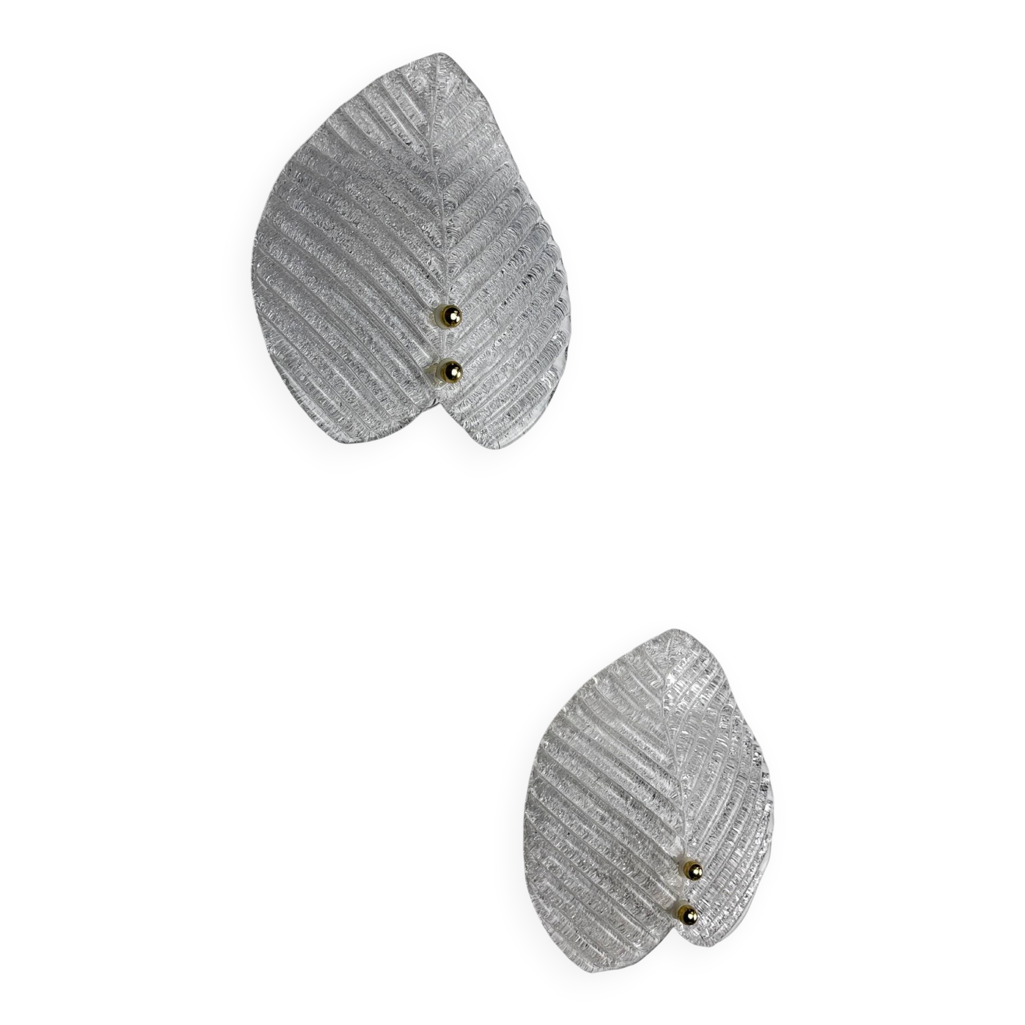 Pair of Murano frosted leaf sconces, textured glass & gilt details, Italy, 1970