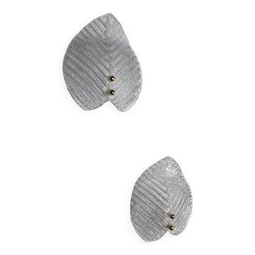 Pair of Murano frosted leaf sconces, textured glass & gilt details, Italy, 1970