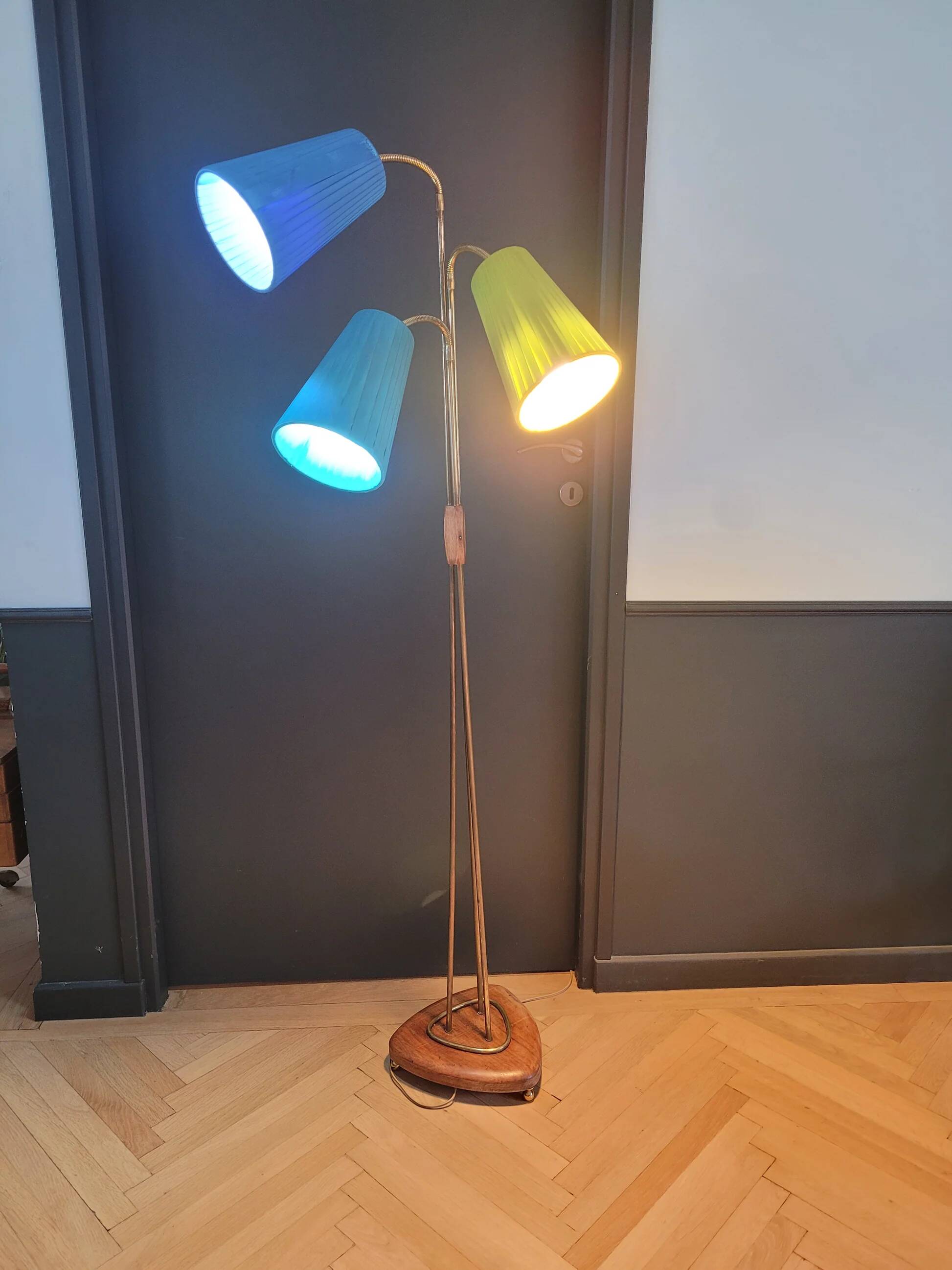 1950s three-light floor lamp with coloured shades