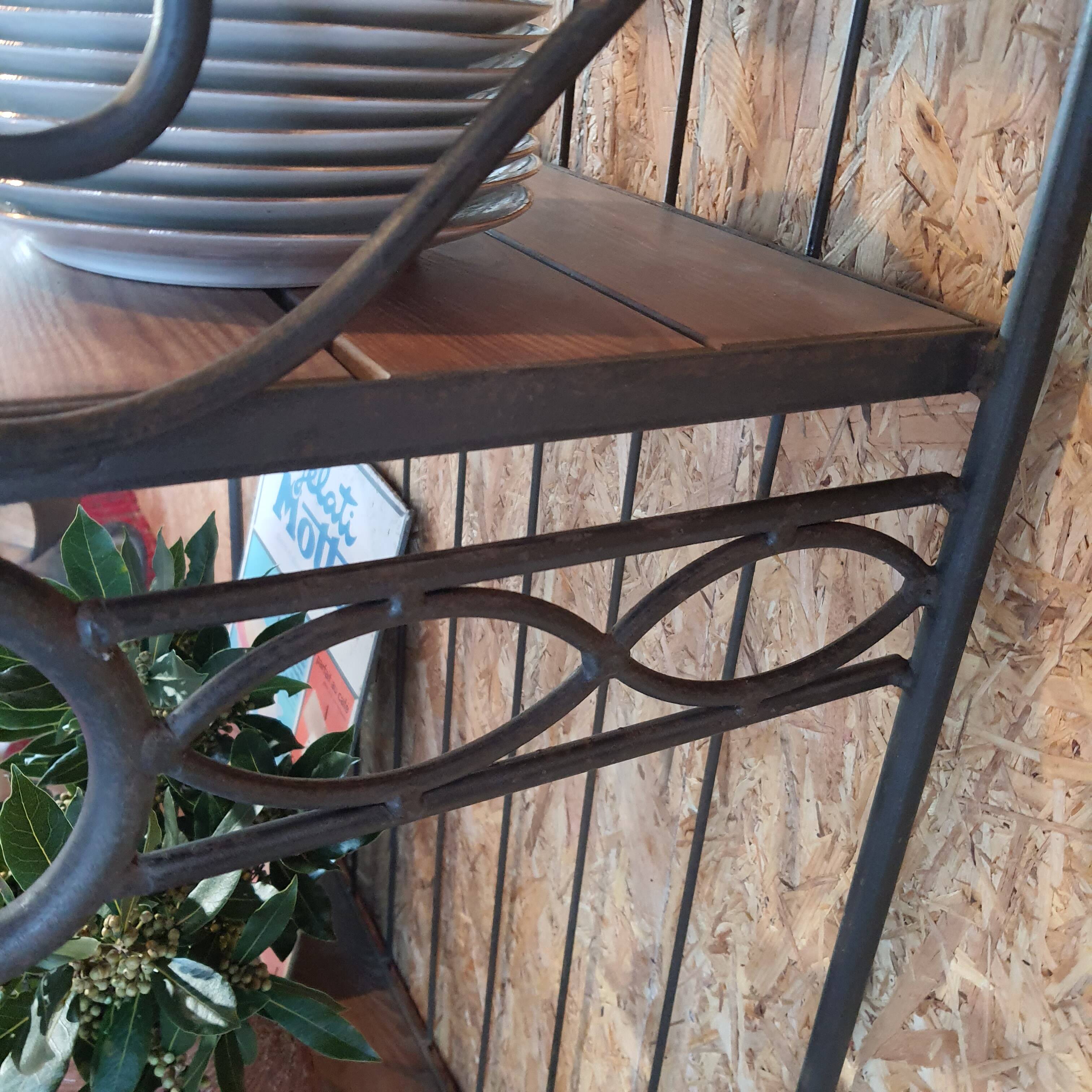 Wrought iron and wood baker shelves