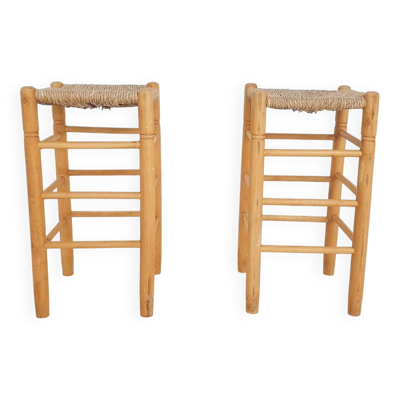 Ensemble de deux tabourets de bar en rotin vintage, Pays-Bas années 1970.