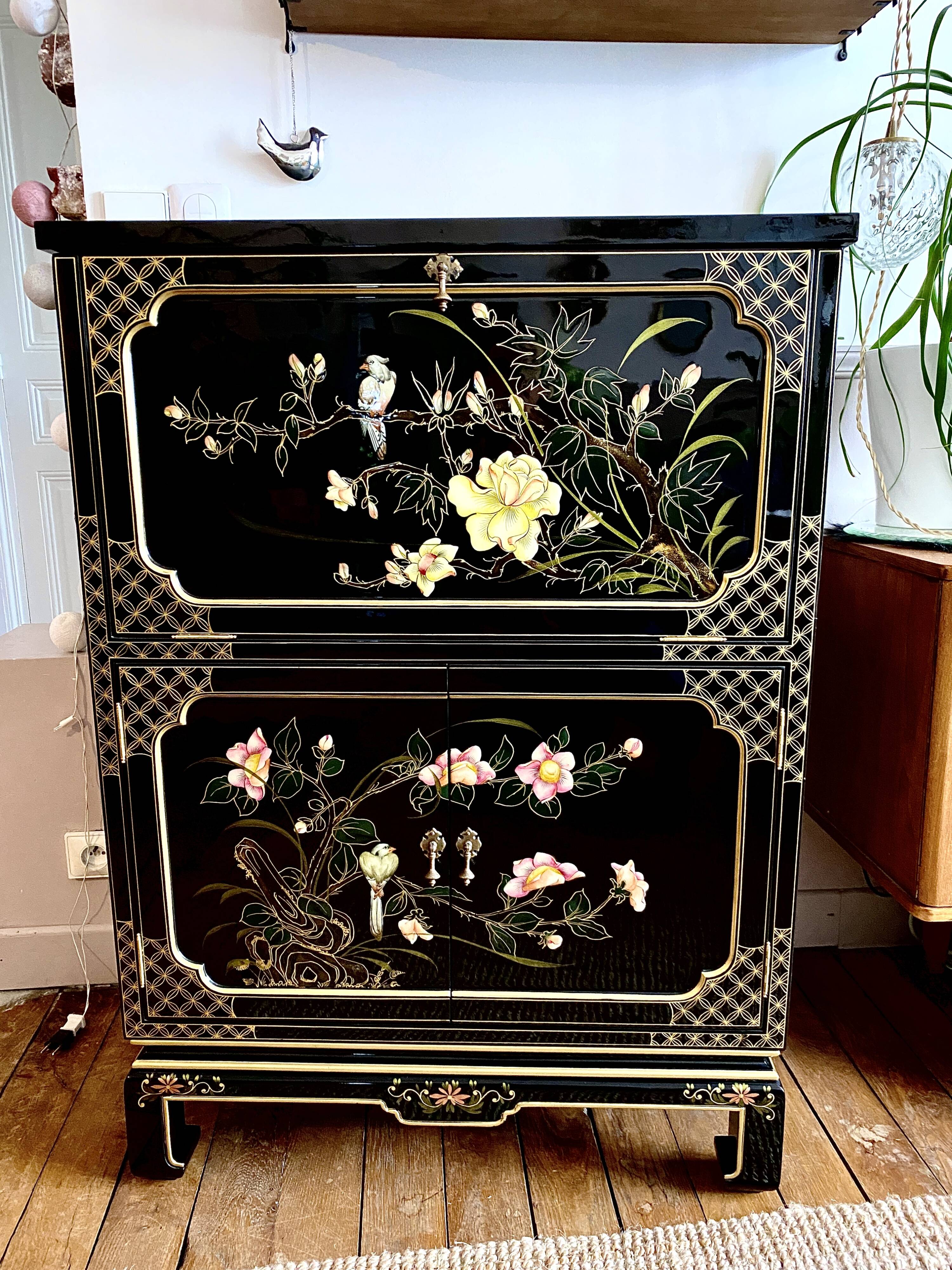 Chinese secretarial cabinet lacquered black Asian