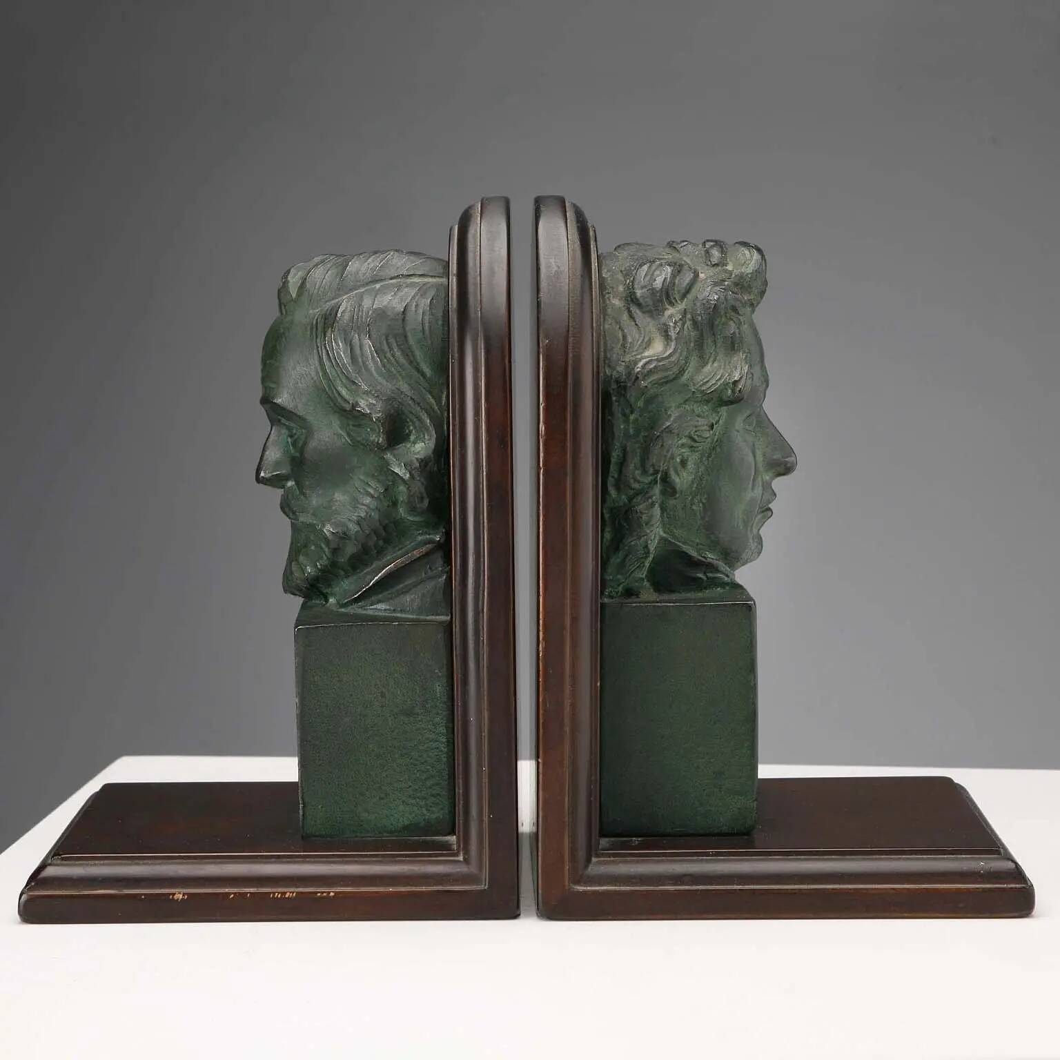 Vintage pair of bronze and wood bookends Verdi Chopin design 1960s-1970s