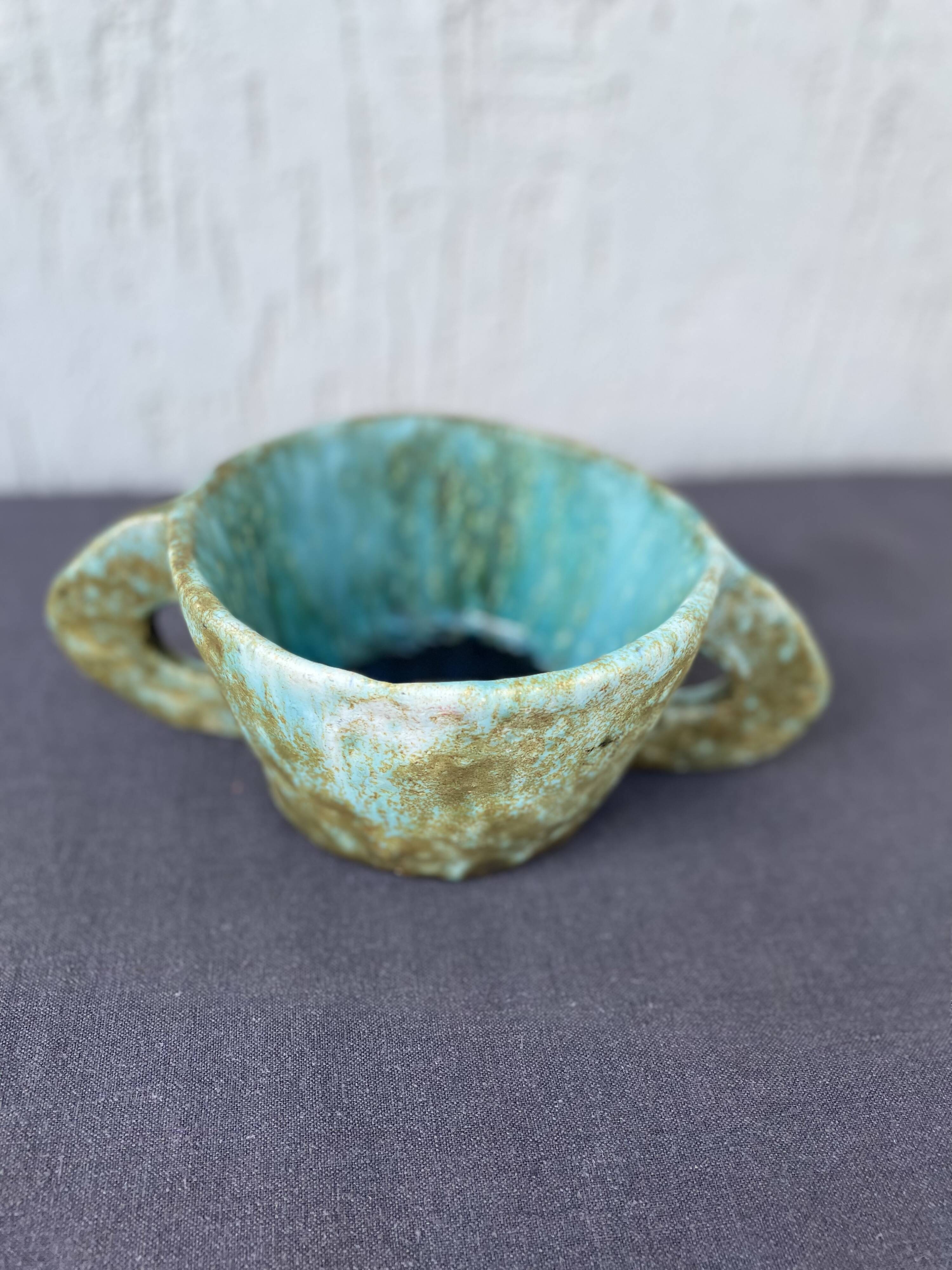 Stoneware bowl with handles, signed handmade ceramic.