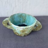 Stoneware bowl with handles, signed handmade ceramic.