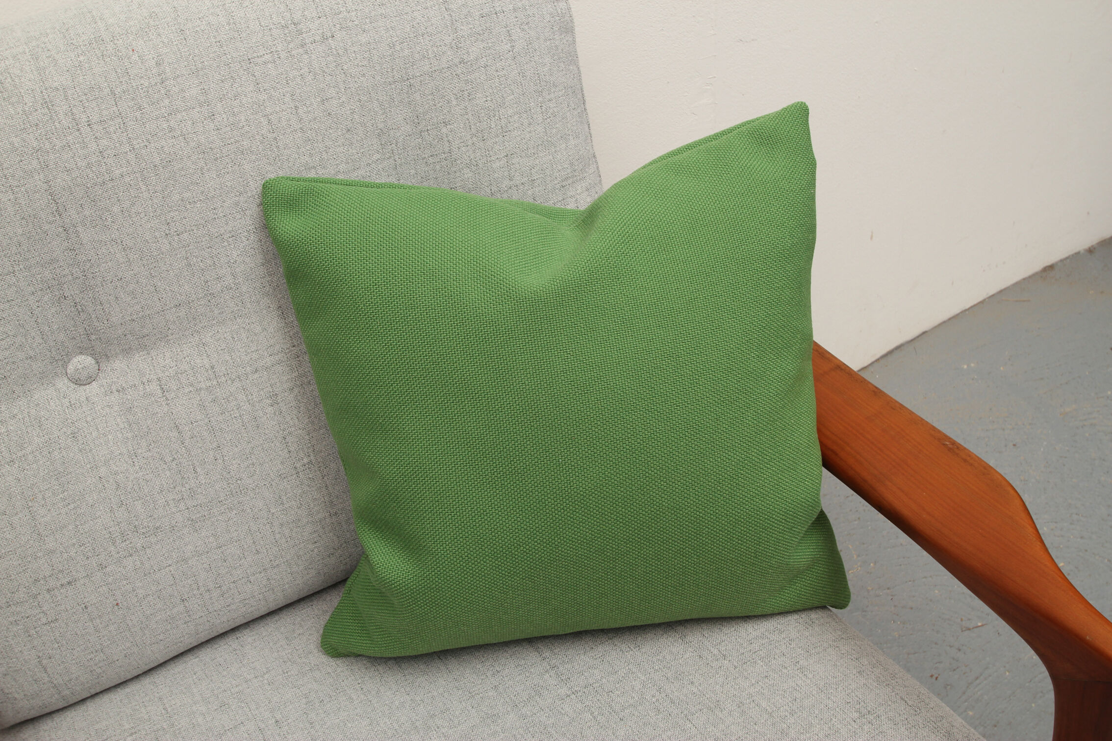 1960s armchair in cherrywood, light grey with green cushion