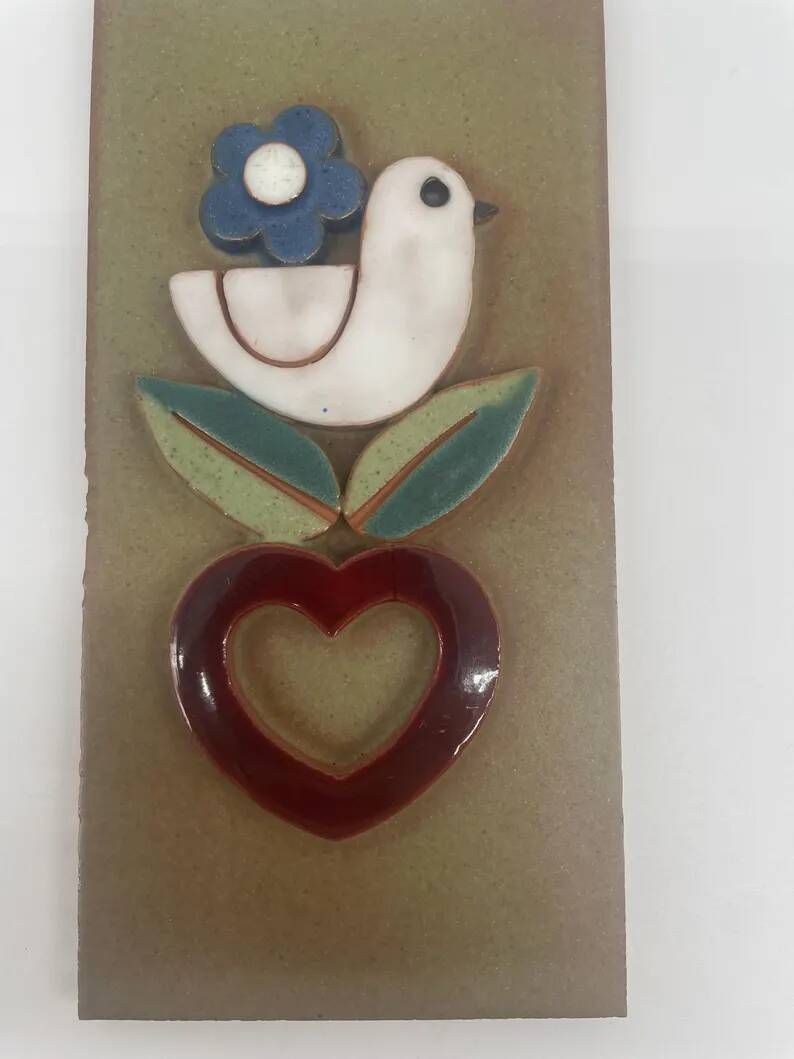 Vintage ceramic wall plaque, bird and heart, Made in Spain, Mithé Espelt style.