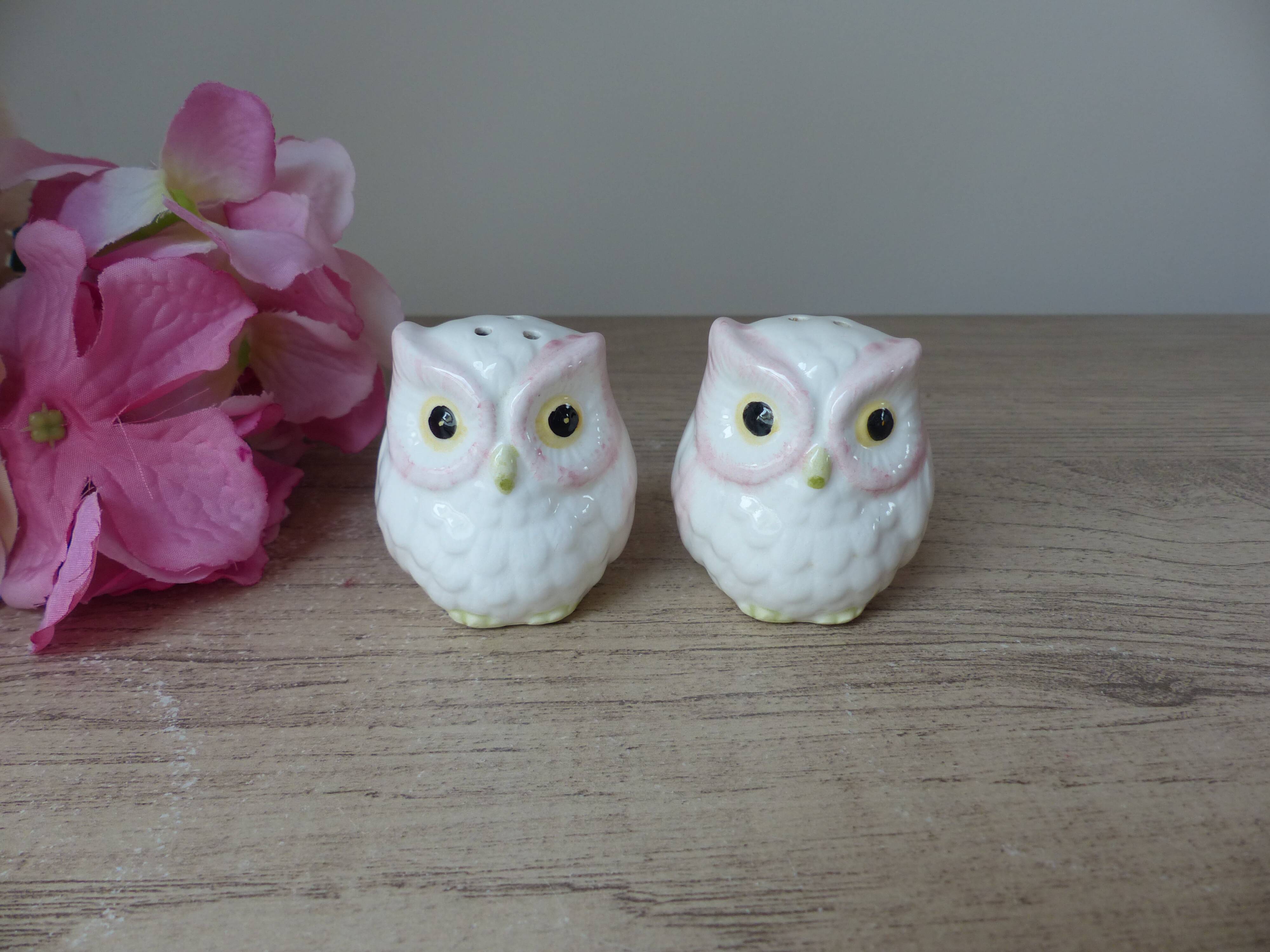 Vintage japan white and pink ceramic owl salt and pepper shaker set