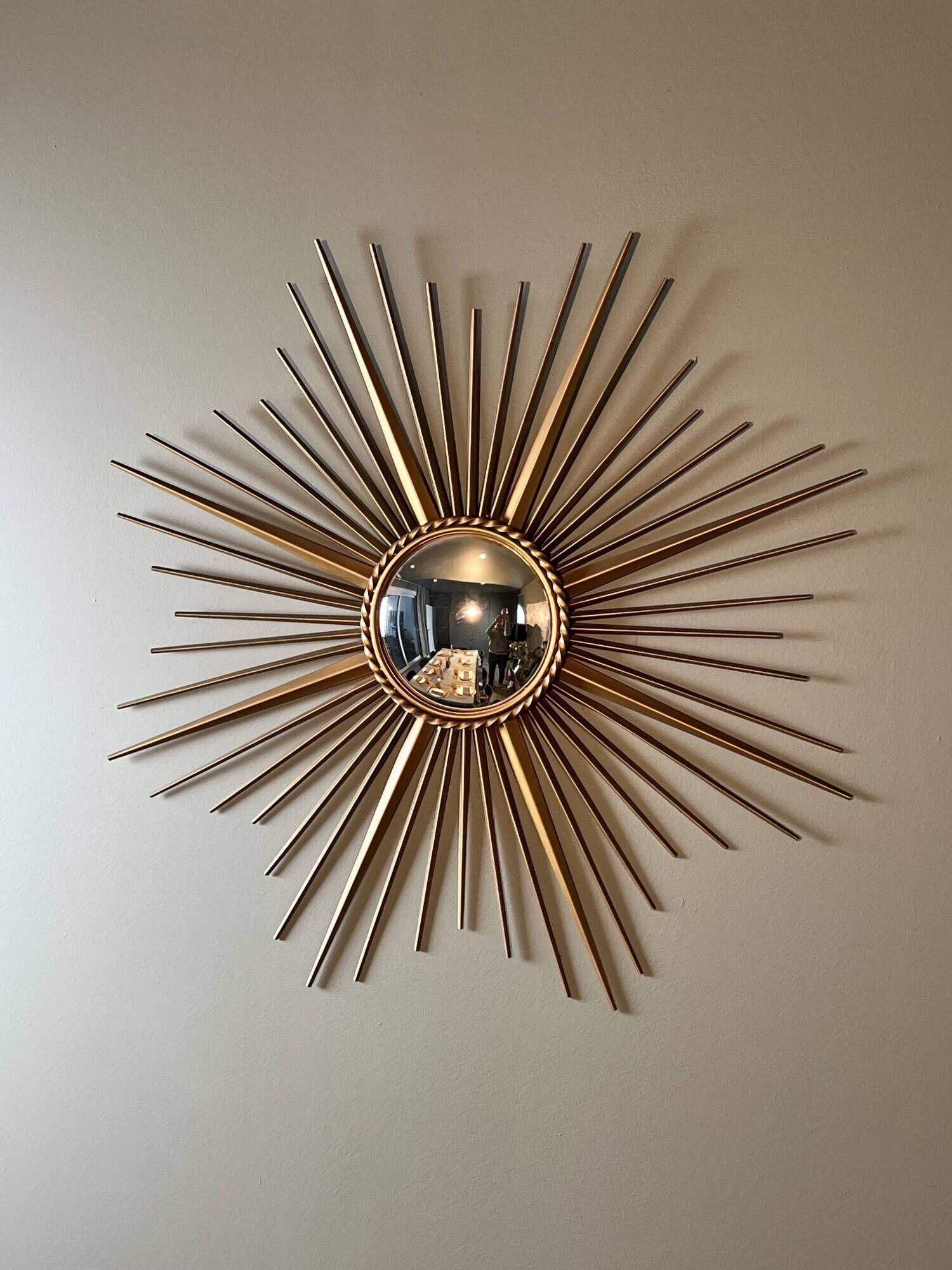 Golden Metal Sun Mirror with Convex Mirror by Chaty Vallauris. French Work