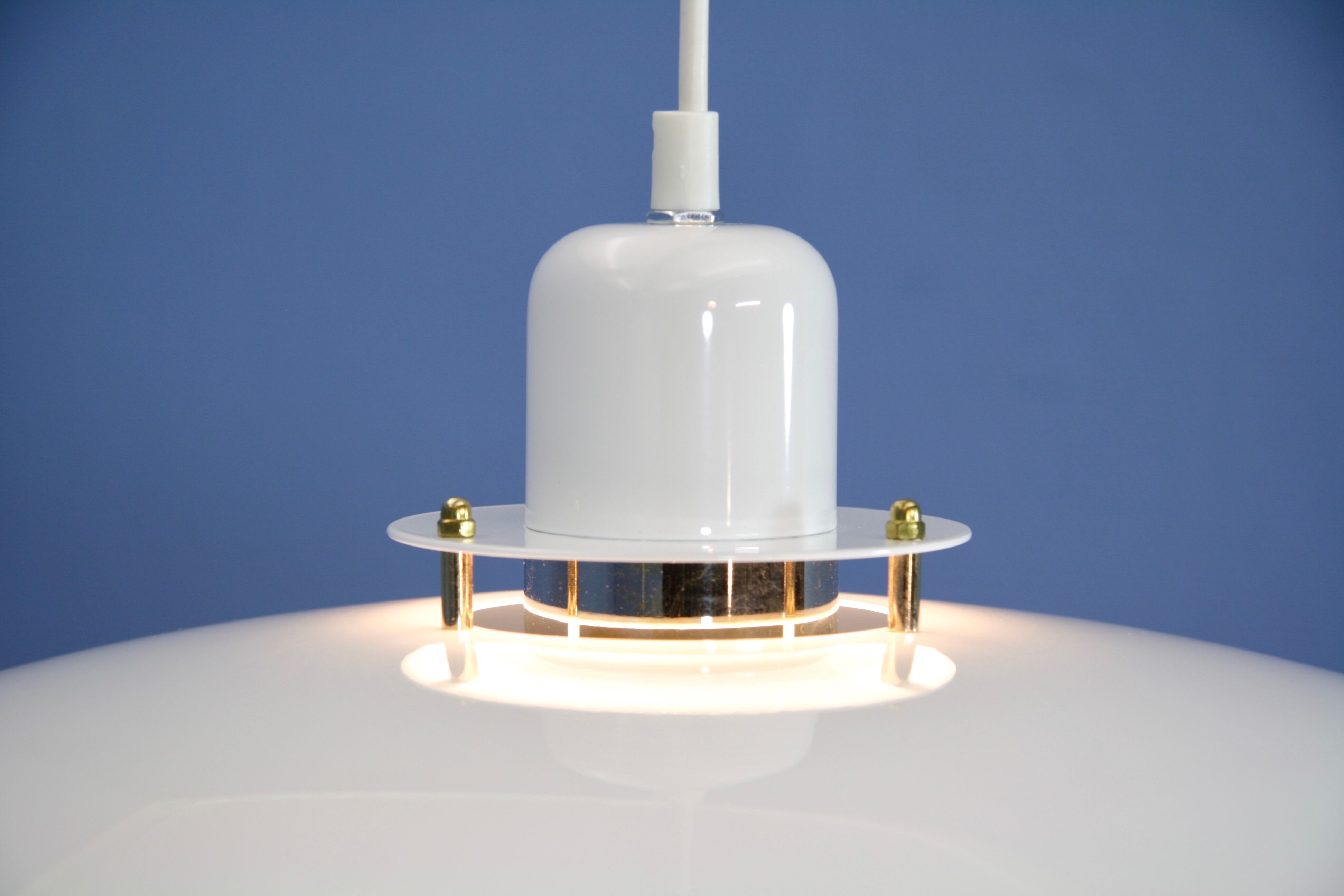 Danish hanging lamp in white with brass accent, 1980s