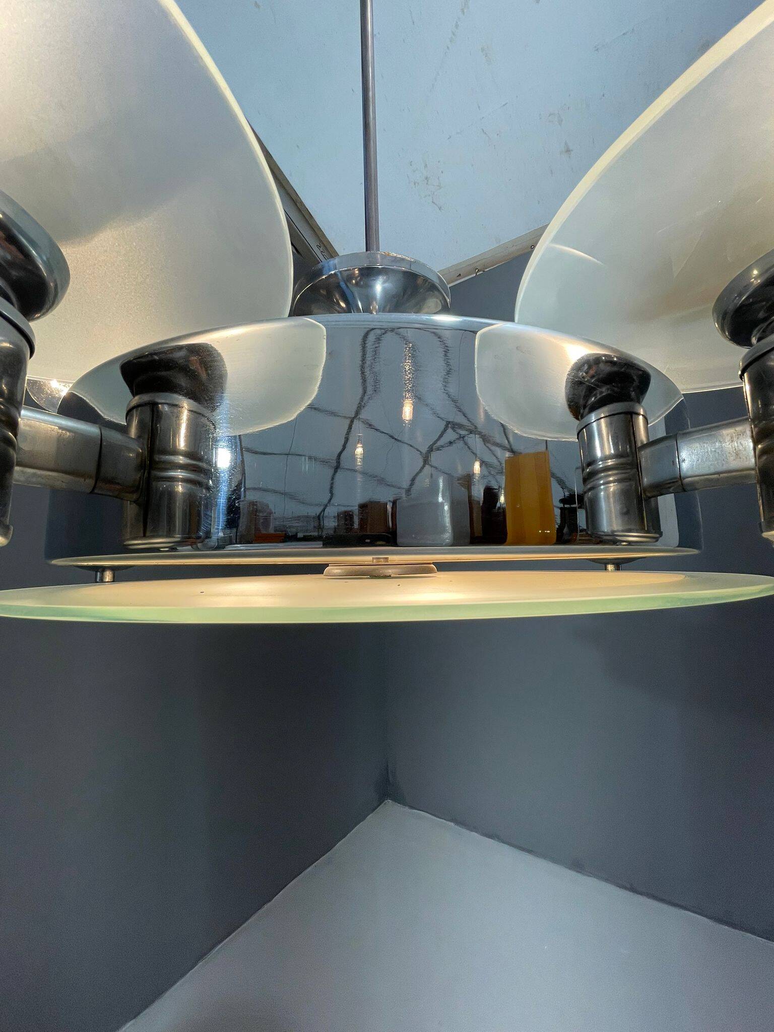 1930s Art Deco Chrome Chandelier with Frosted Glass Disc Shades – Czech Vin