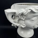 Large white earthenware flowerpot with faun heads circa 1900