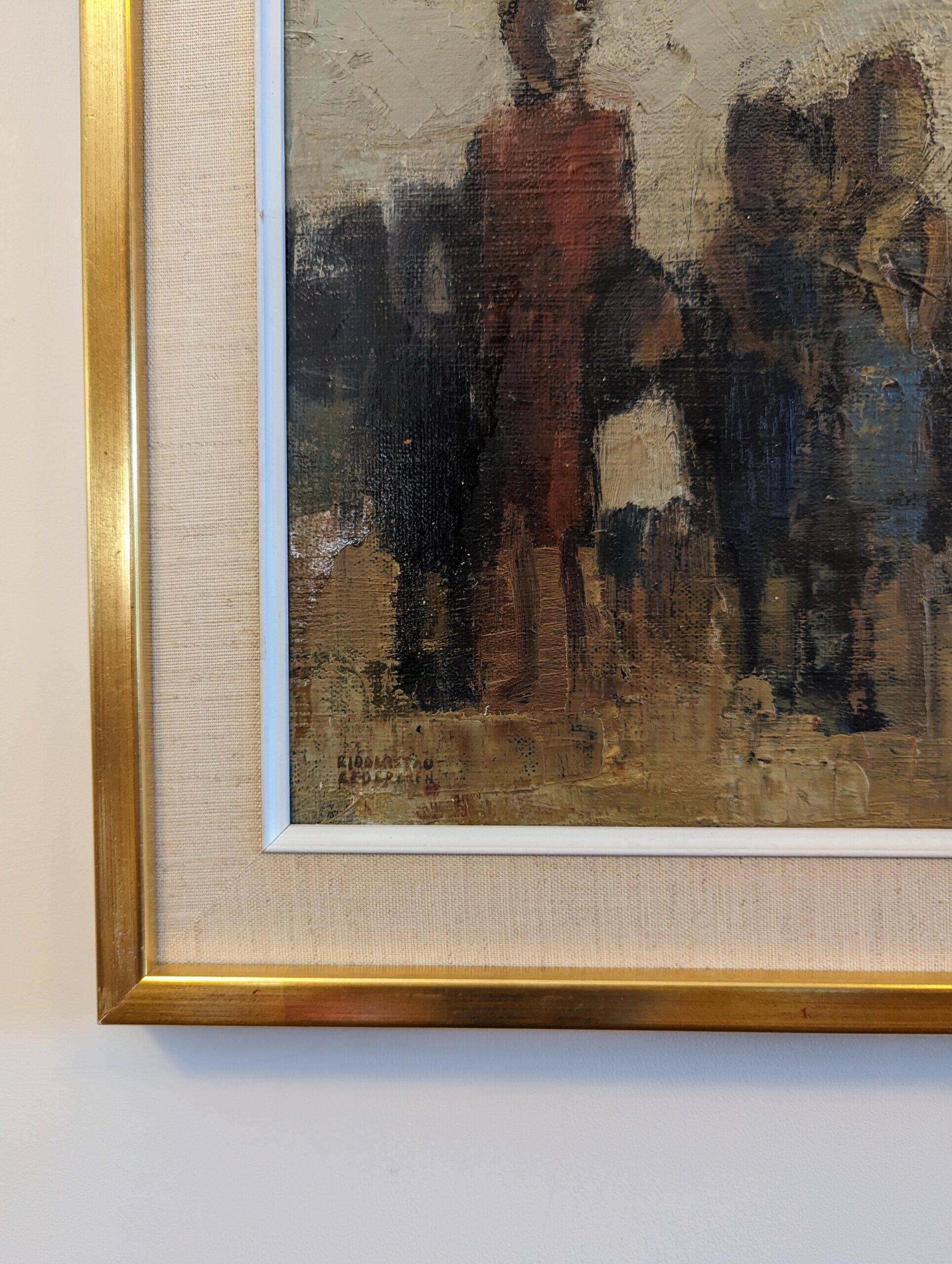 Mid-Century Modern Swedish "Assemble", Vintage Figurative Oil Painting, Framed