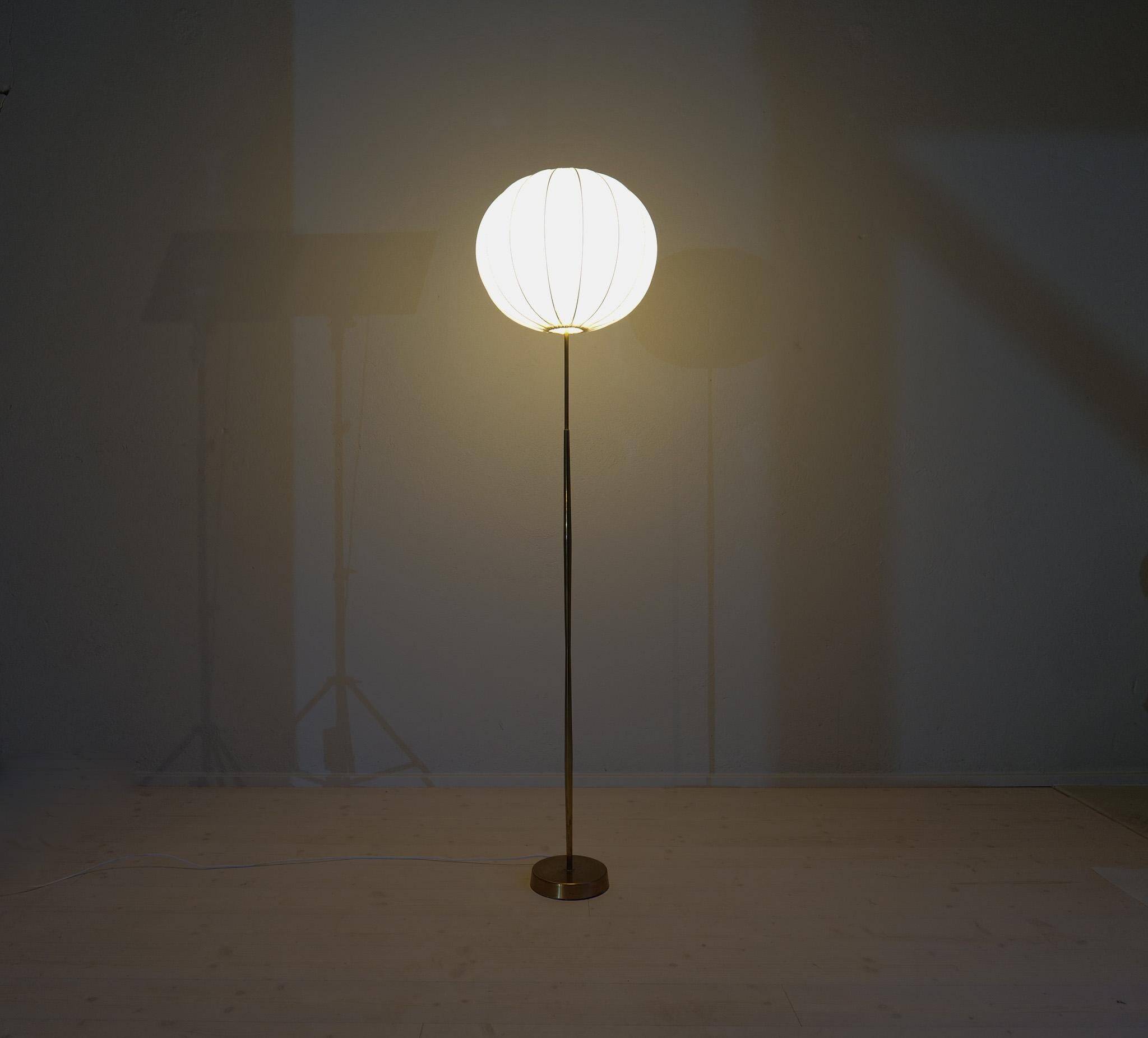 Modern mid-century brass floor lamp ASEA with round cotton shade, Sweden, 1960s