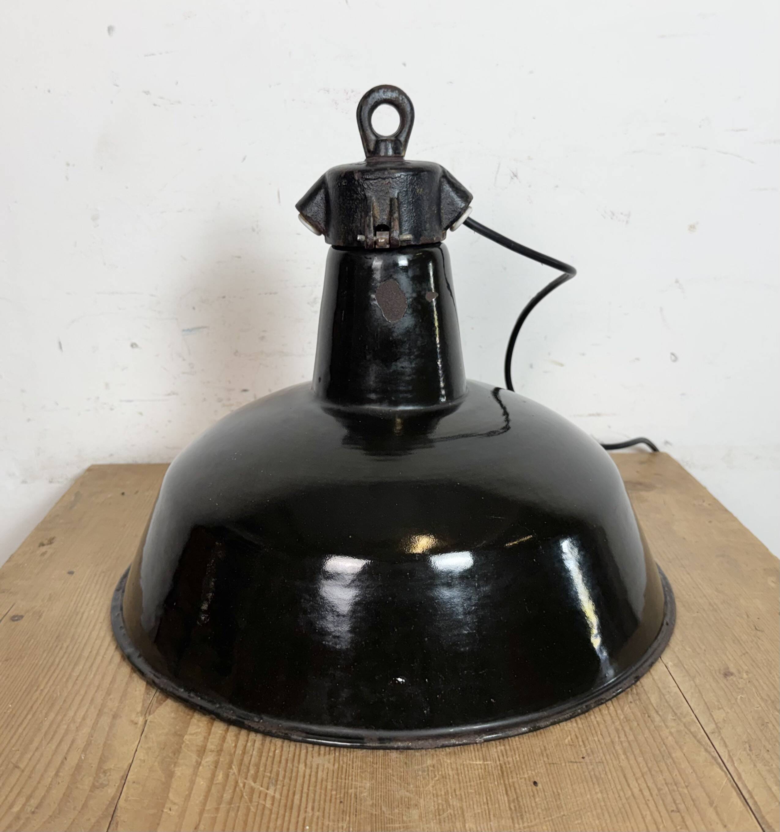 Industrial Black Enamel Factory Lamp with Cast Iron Top, 1950s