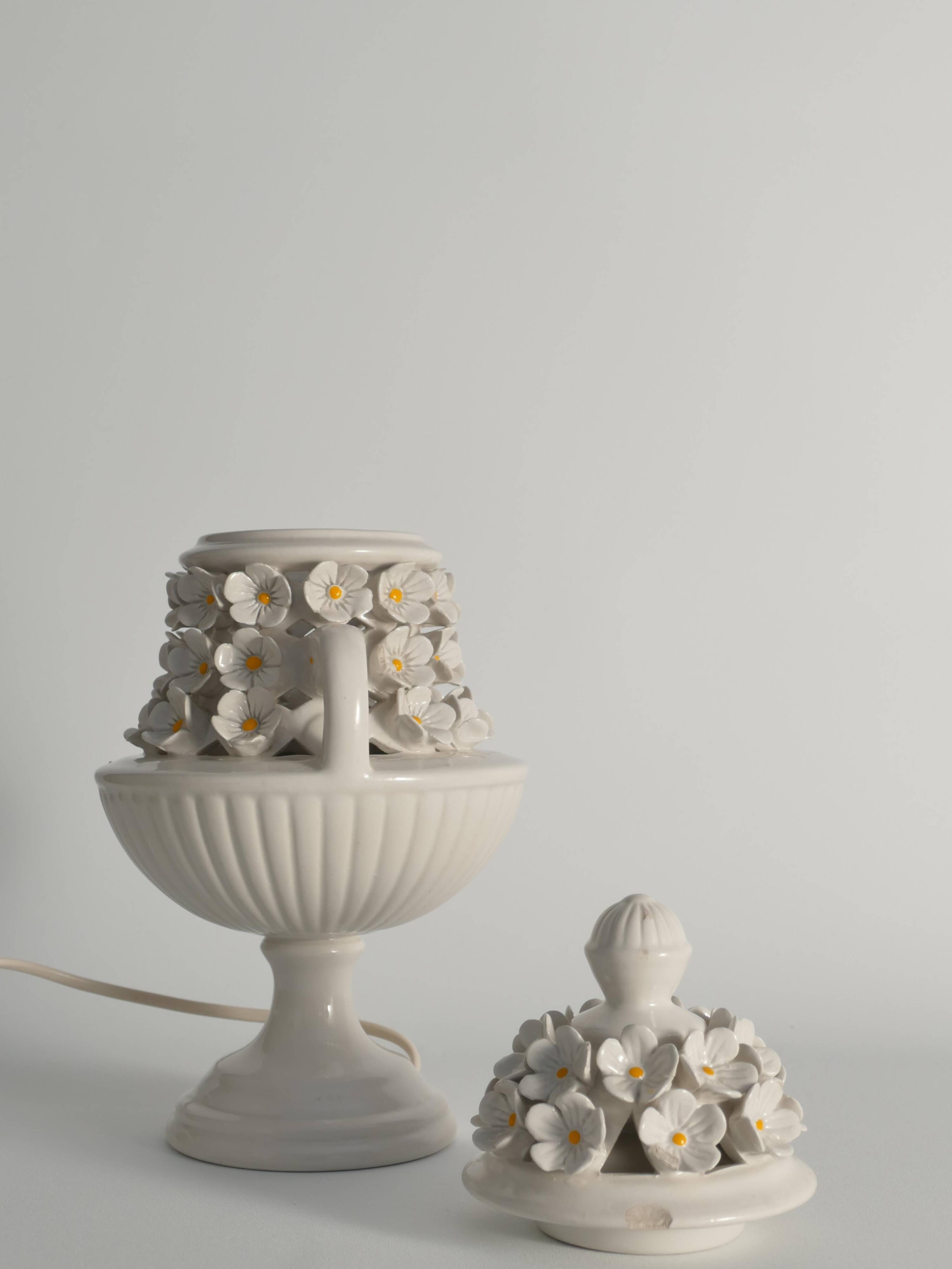 White Ceramic Table Lamp with Flower Motif, Italy 1960s