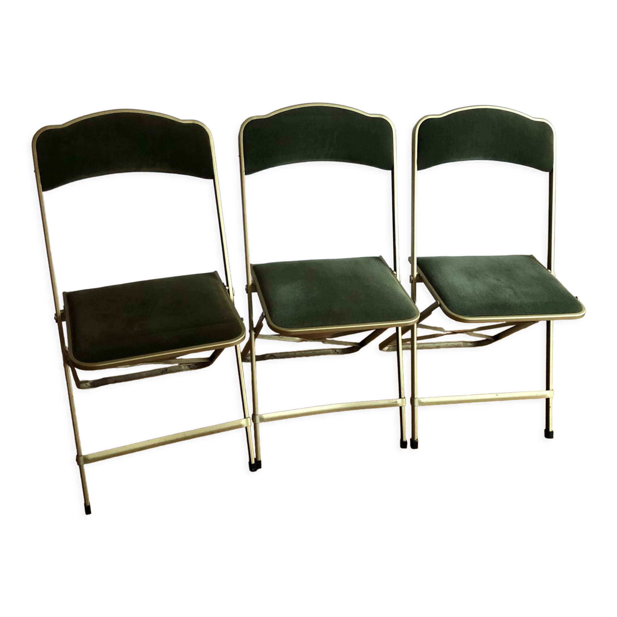 Set of three vintage green folding chairs