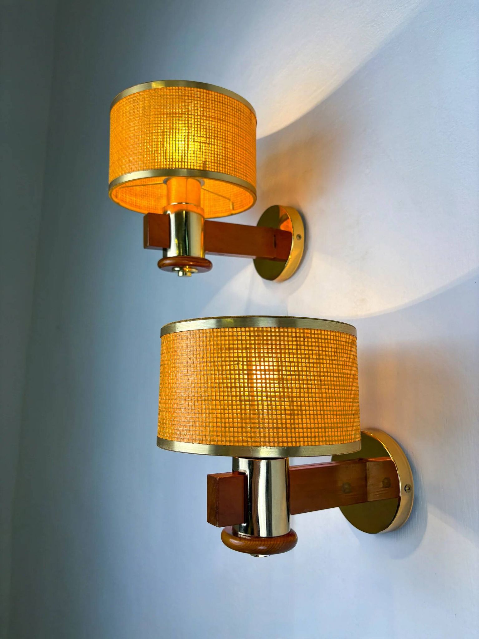 Pair of vintage rattan & wood wall sconces, Italy, circa 1970s