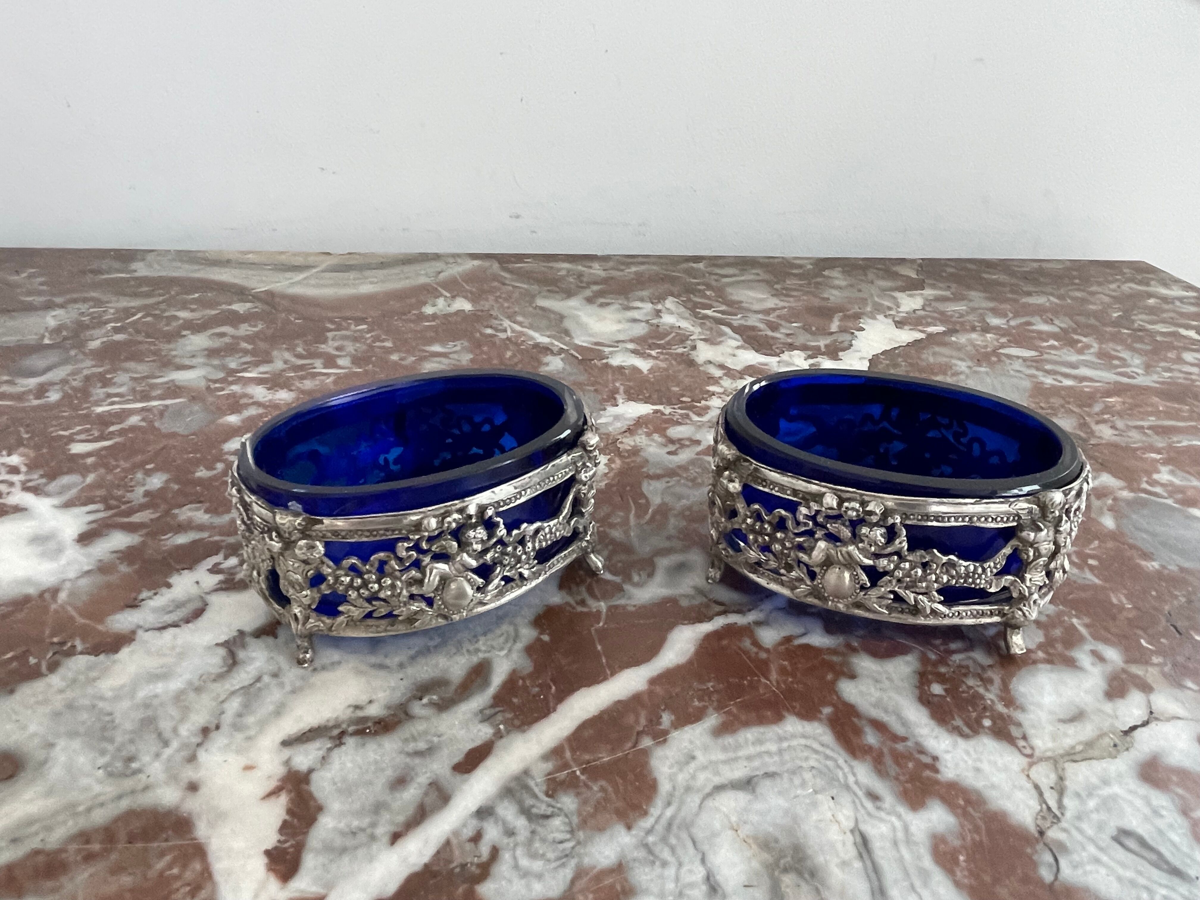 Antique, pair of salerons, silver plated, goldsmith hallmark, putti decoration, grape